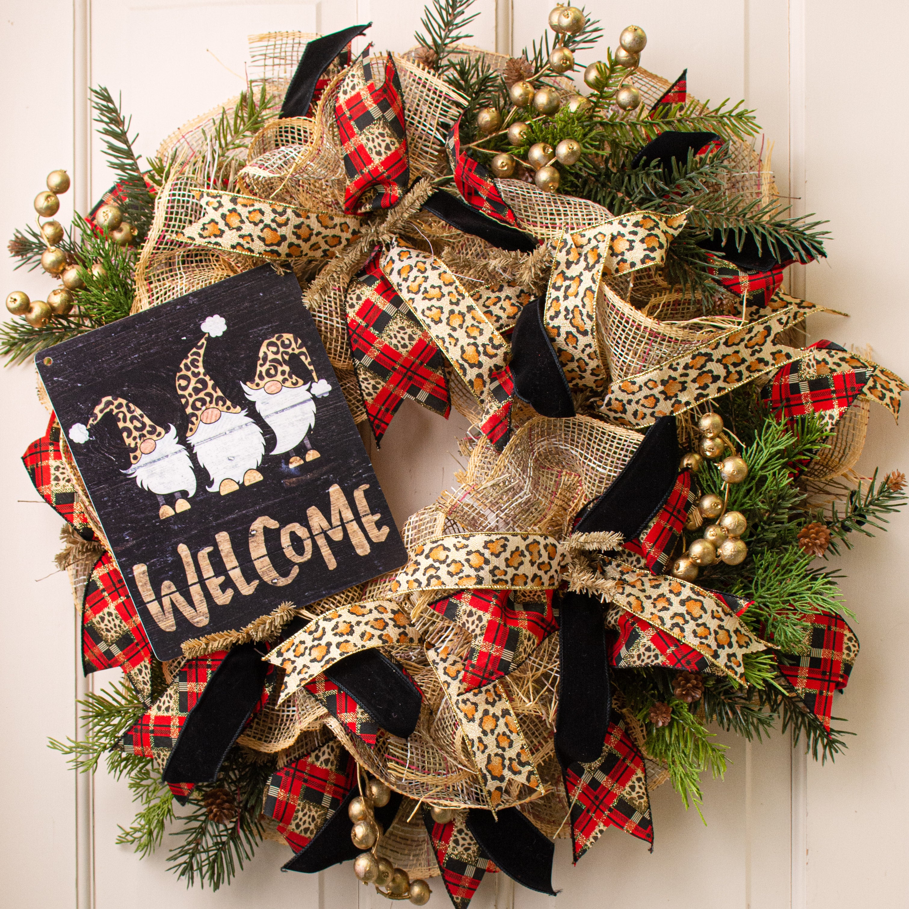 9" Waterproof Sign: Welcome Leopard Gnomes on Black Lifestyle Photo