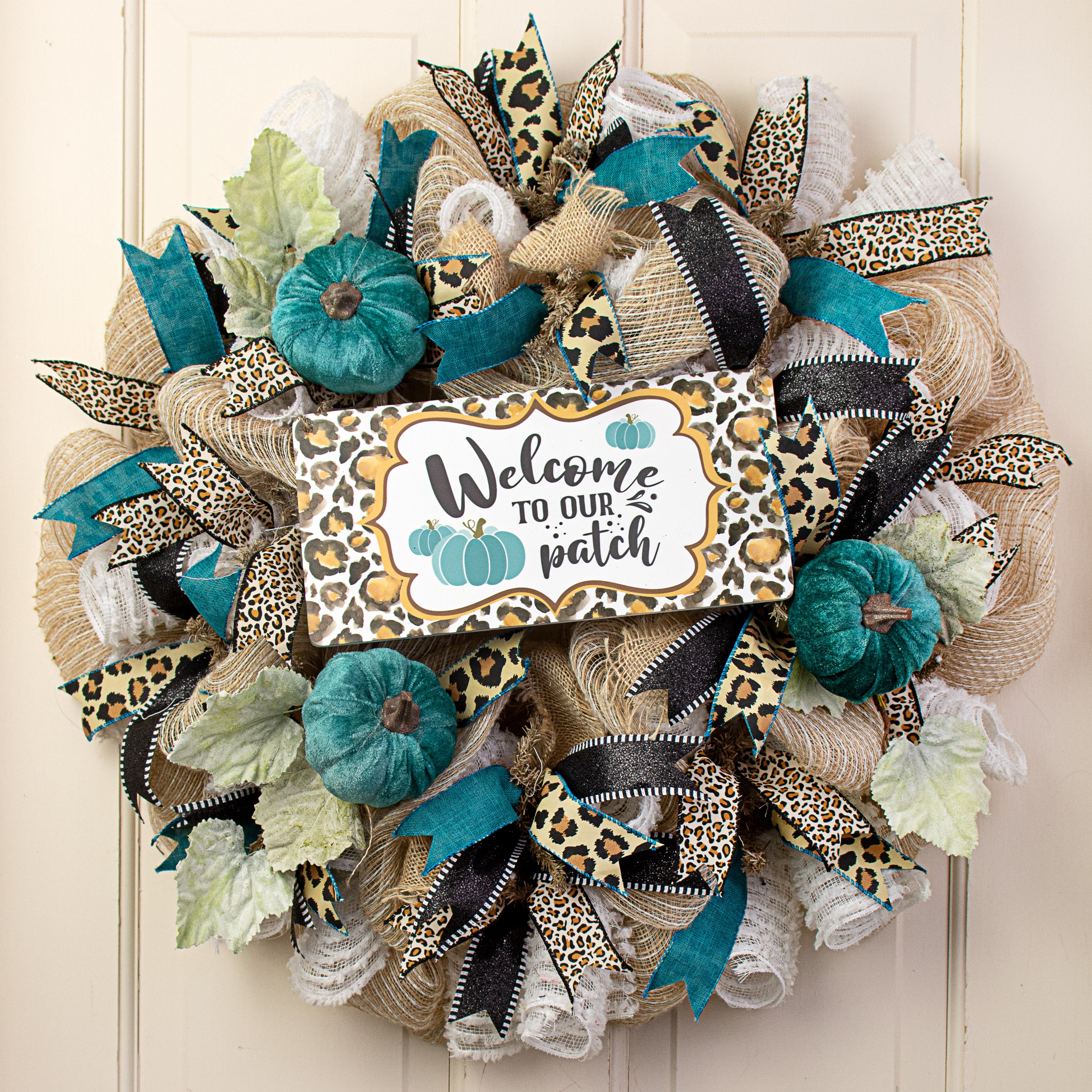 12" Waterproof Sign: Welcome Pumpkin Patch Teal Cheetah Lifestyle Photo