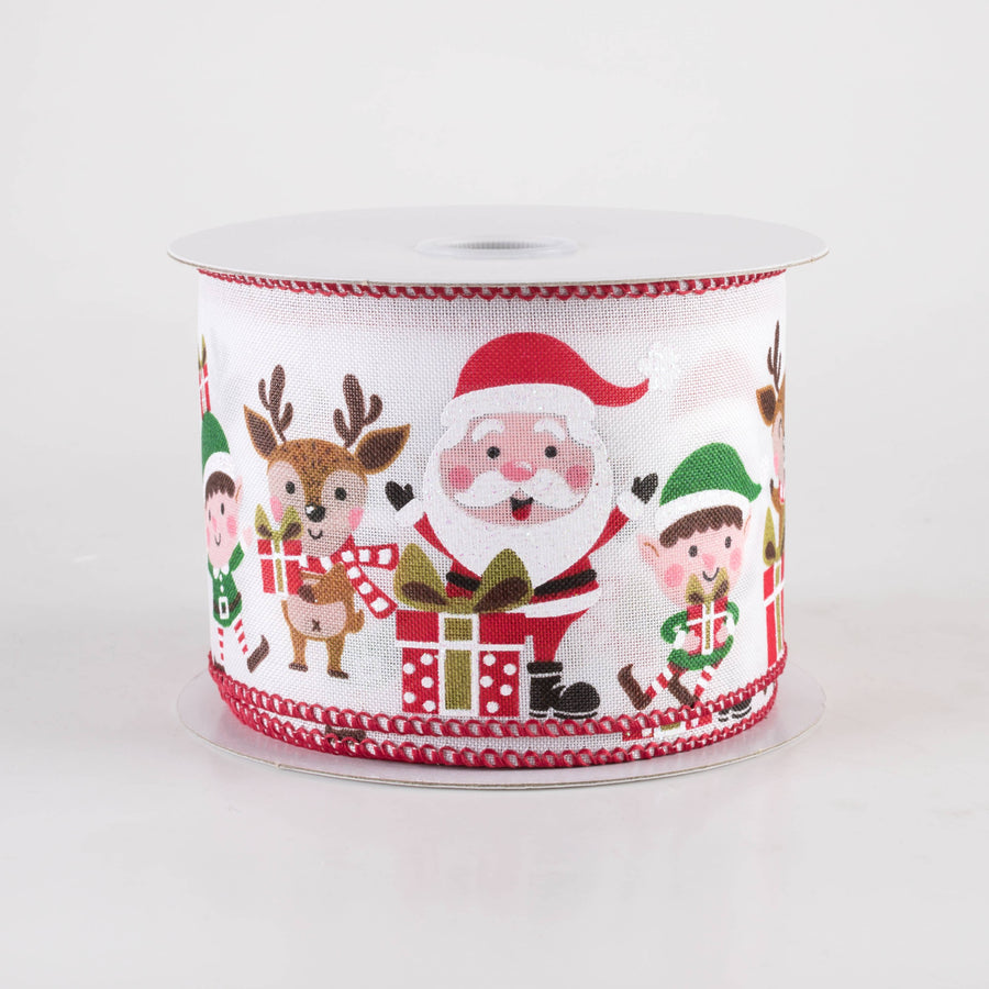 2.5" Waving Santa, Elf & Reindeer Ribbon: White (10 Yards) Item Number: 71429-40-38