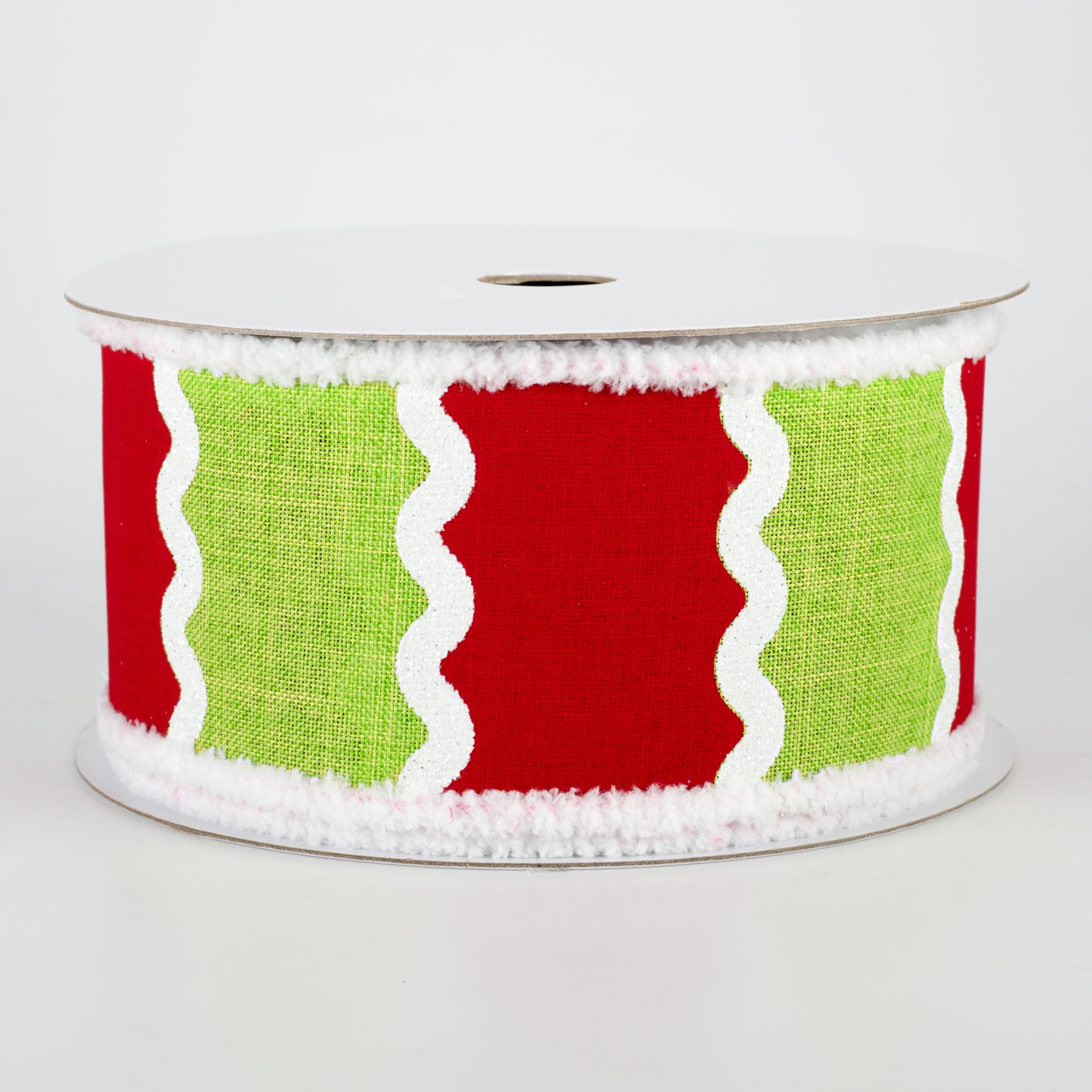 2.5" Wavy Stripes Chenille Edge Ribbon: Lime, Red, White (10 Yards)