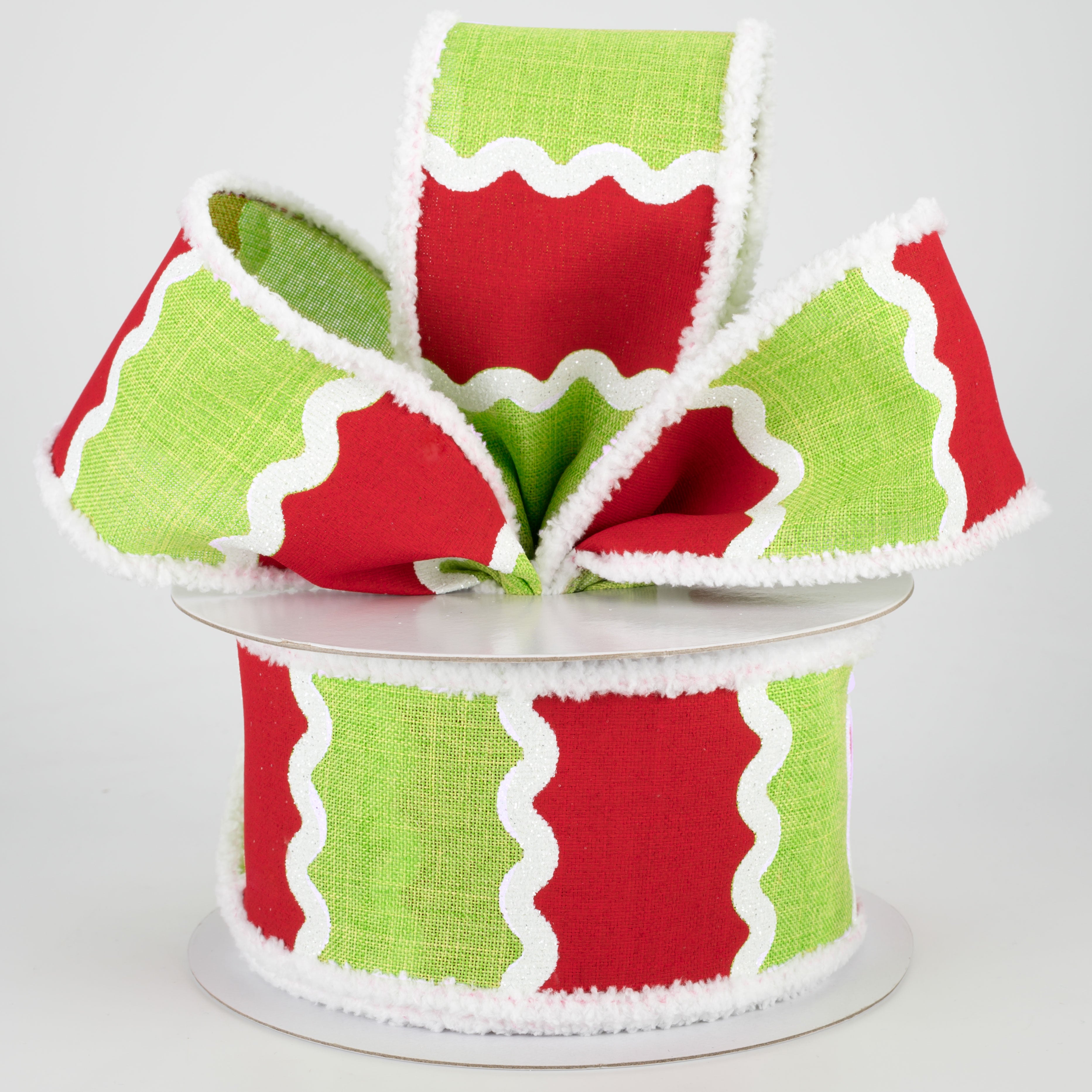 2.5" Wavy Stripes Chenille Edge Ribbon: Lime, Red, White (10 Yards) Lifestyle Photo