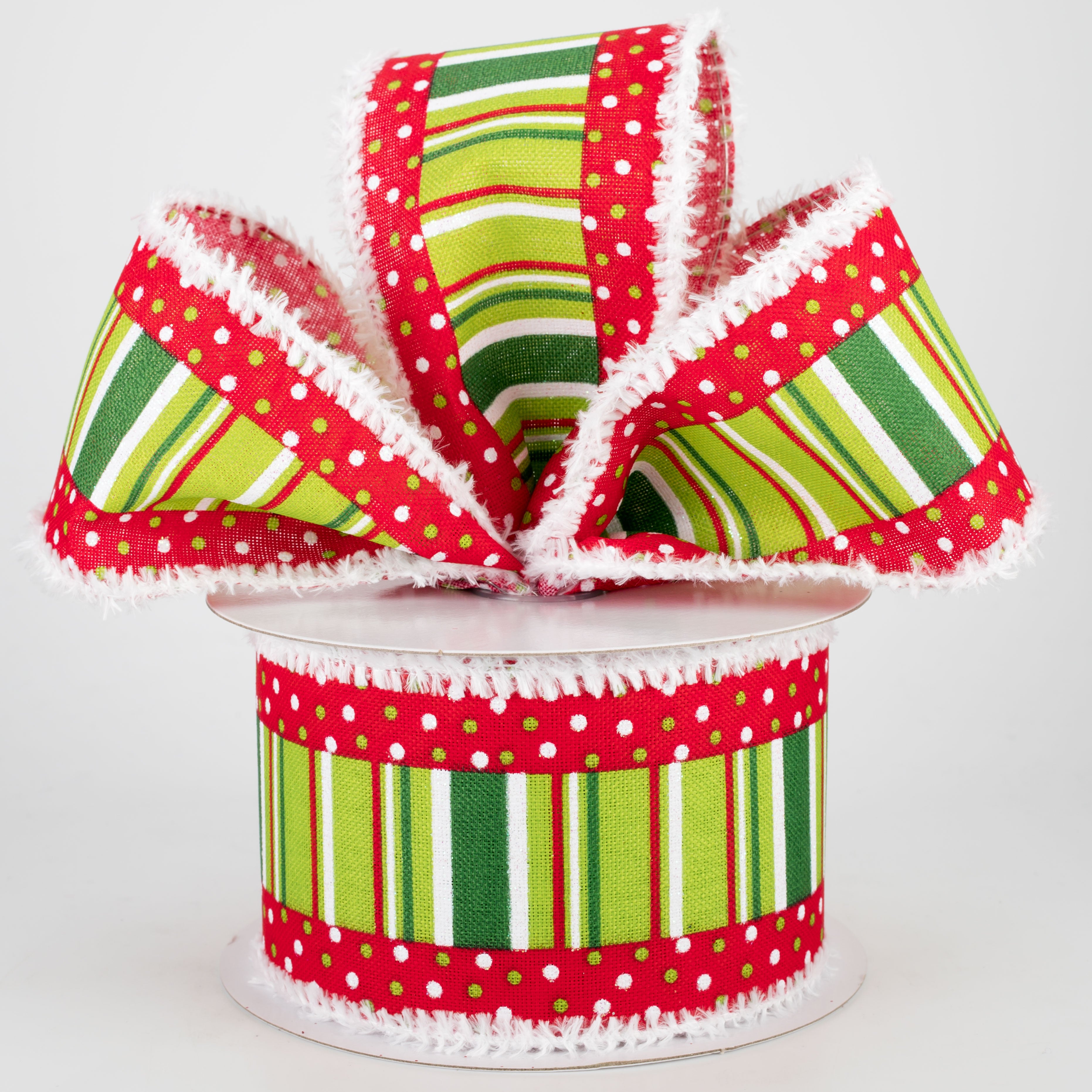 2.5" Whimsical Christmas Dot & Stripe Snow Edge Ribbon (10 Yards) Lifestyle Photo