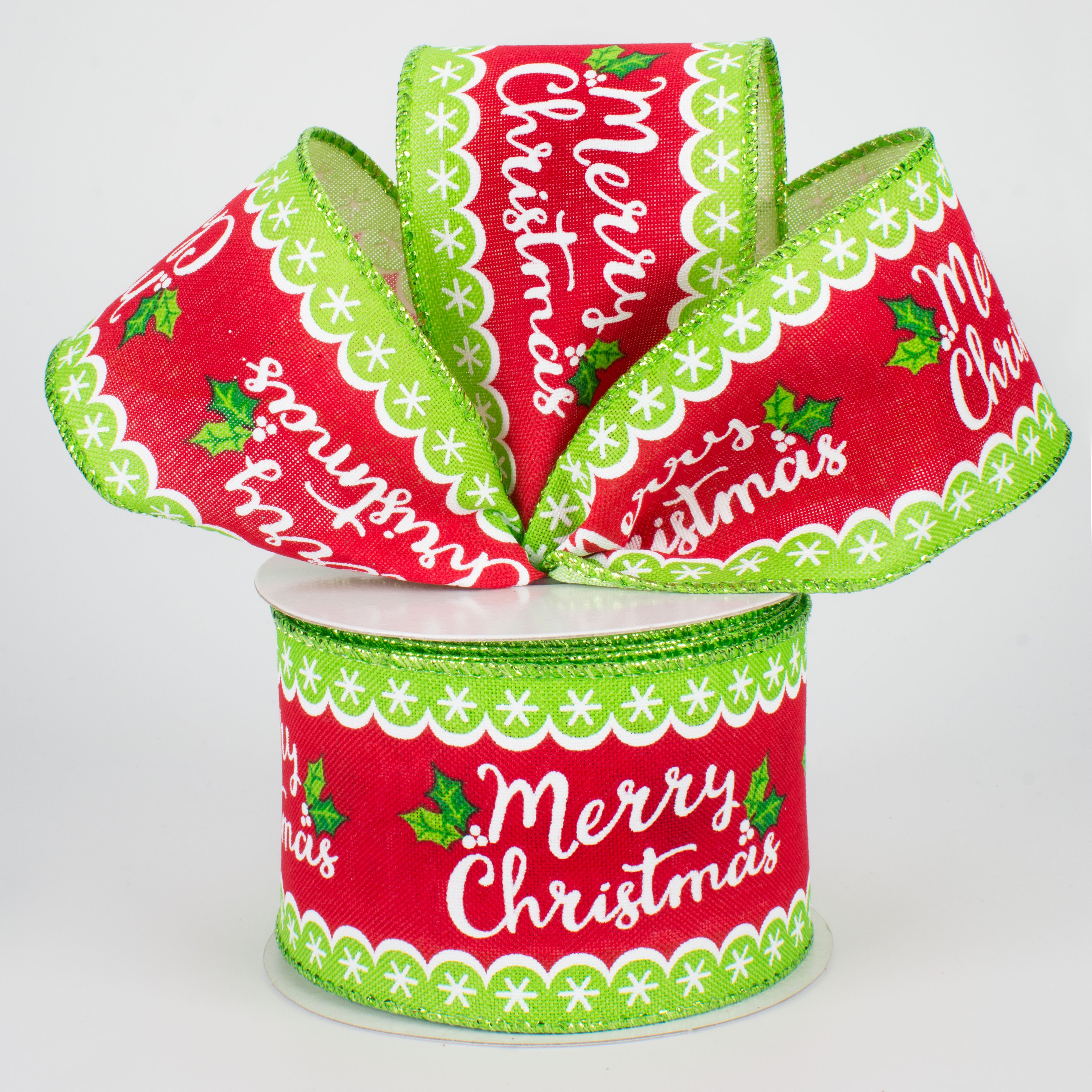 2.5" Whimsical Merry Christmas Holly Ribbon (10 Yards) Lifestyle Photo