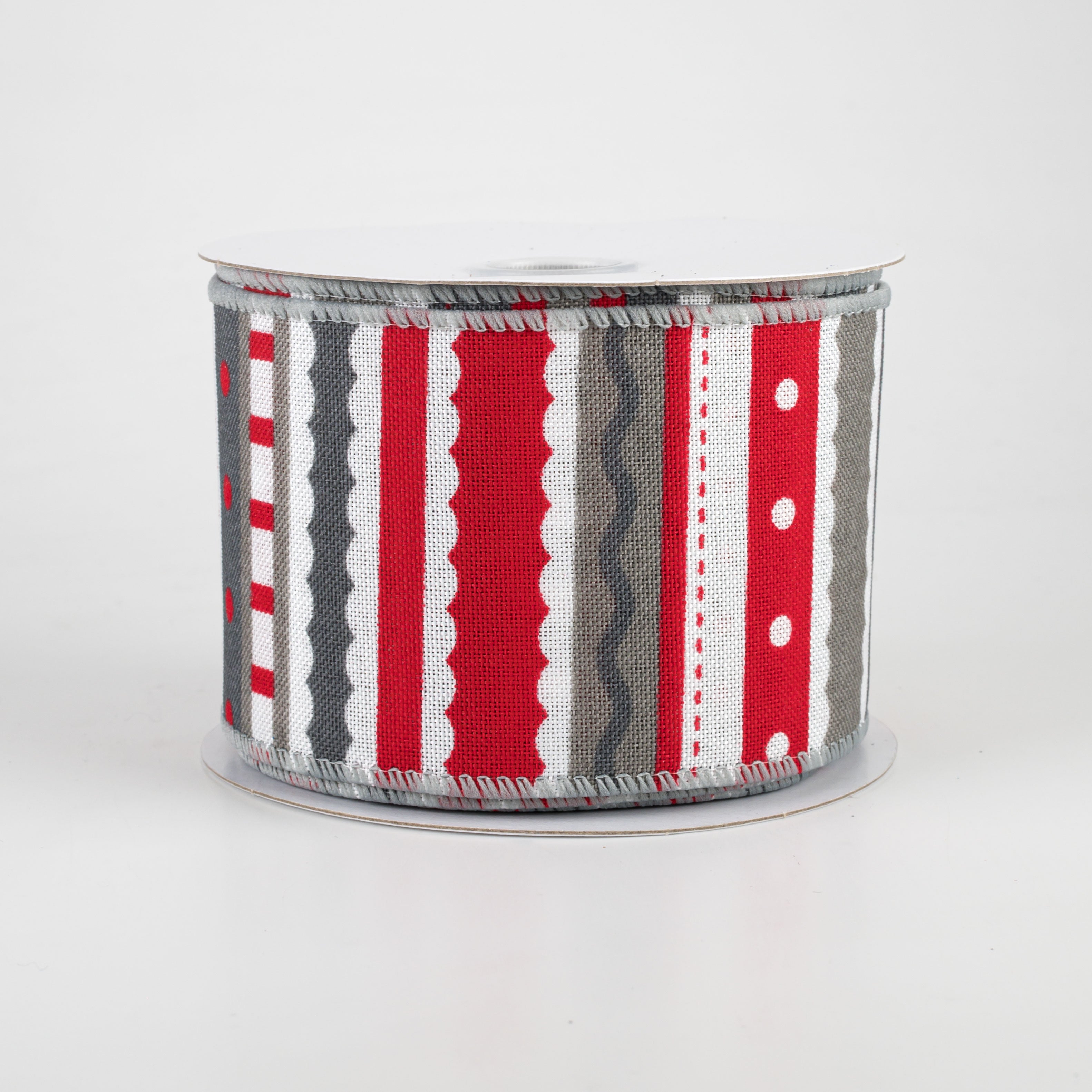 2.5" Whimsy Stripe Ribbon: Grey, Red & White (10 Yards)