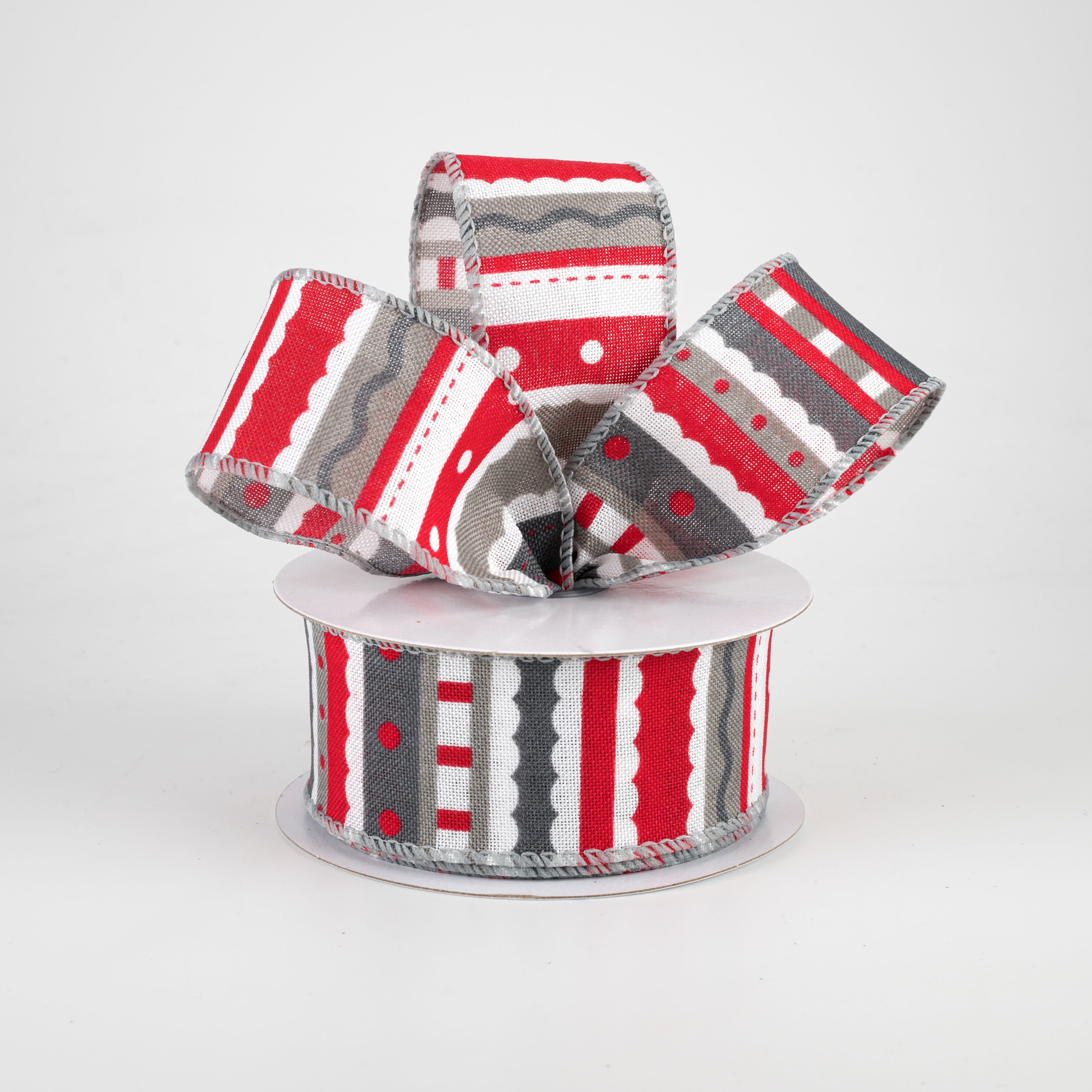 1.5" Whimsy Stripe Ribbon: Grey, Red & White (10 Yards) Lifestyle Photo