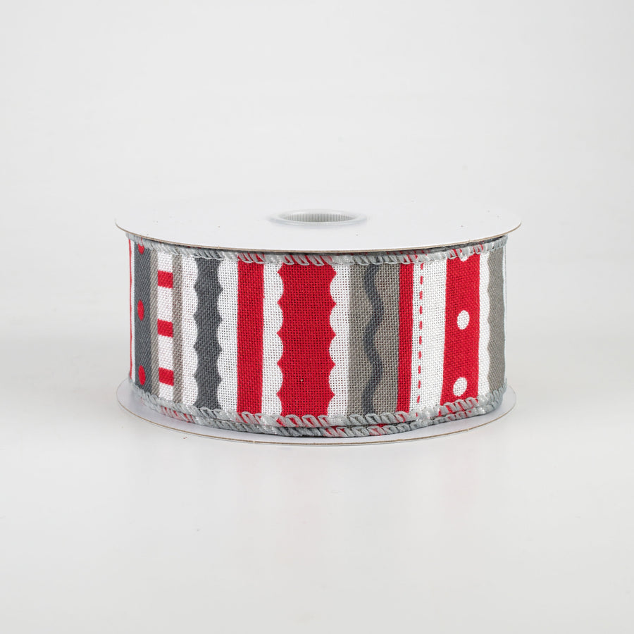1.5" Whimsy Stripe Ribbon: Grey, Red & White (10 Yards)