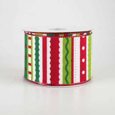 2.5" Whimsy Stripe Ribbon: Lime, Red, White (10 Yards)