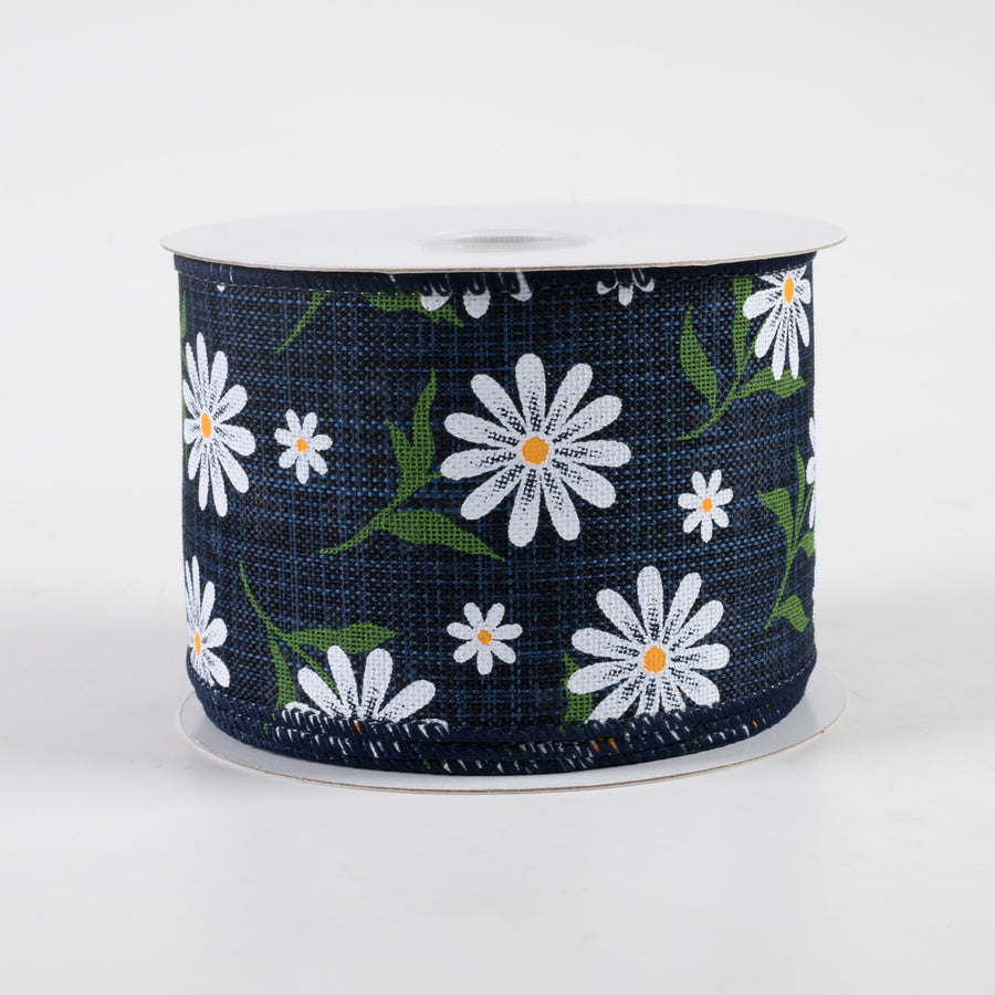 2.5" White Daisy Linen Ribbon: Navy (10 Yards)