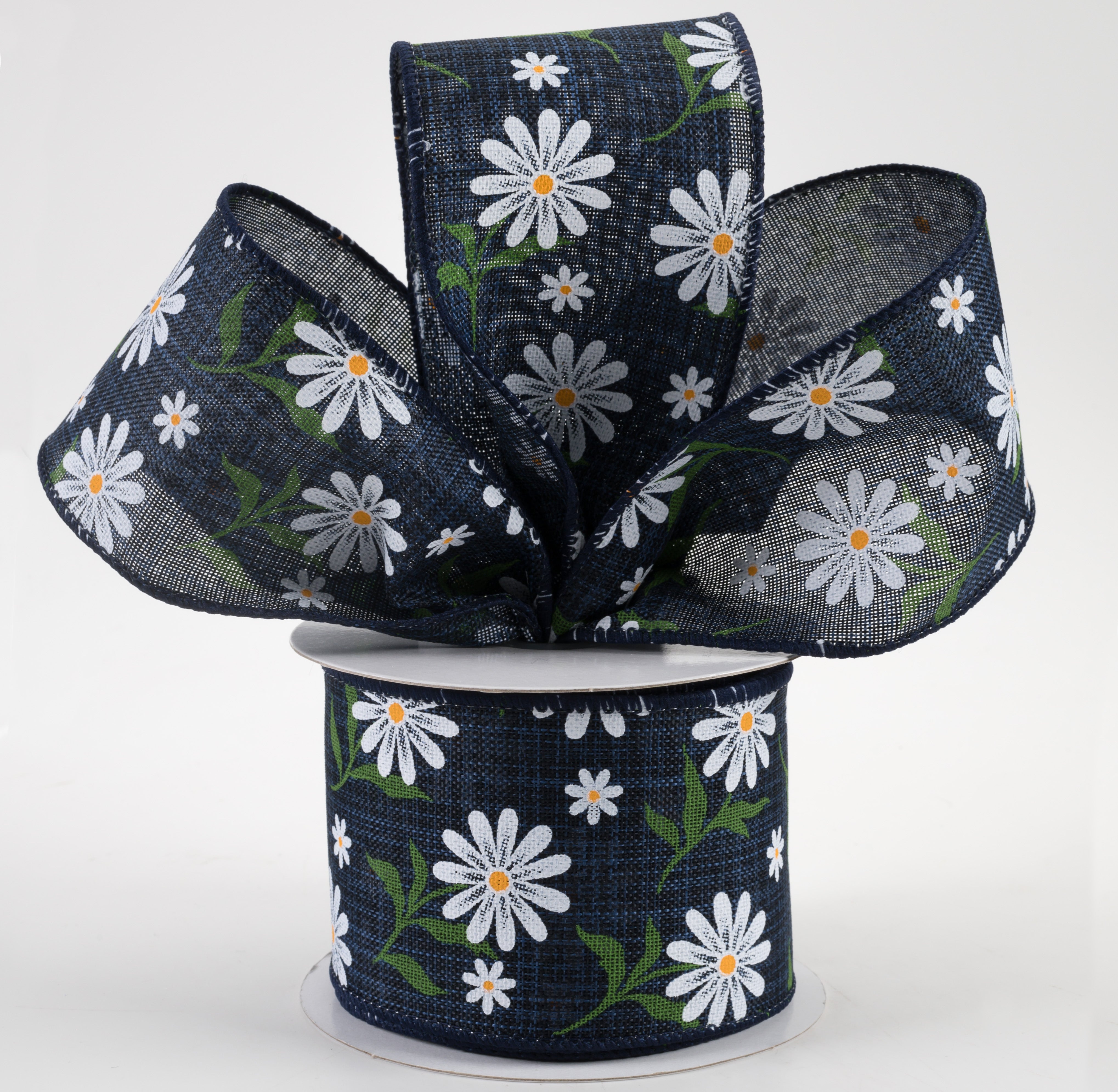 2.5" White Daisy Linen Ribbon: Navy (10 Yards) Lifestyle Photo