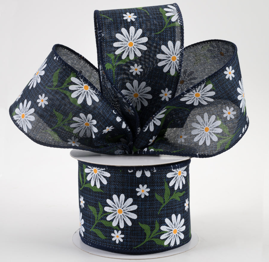 2.5" White Daisy Linen Ribbon: Navy (10 Yards) Lifestyle Photo