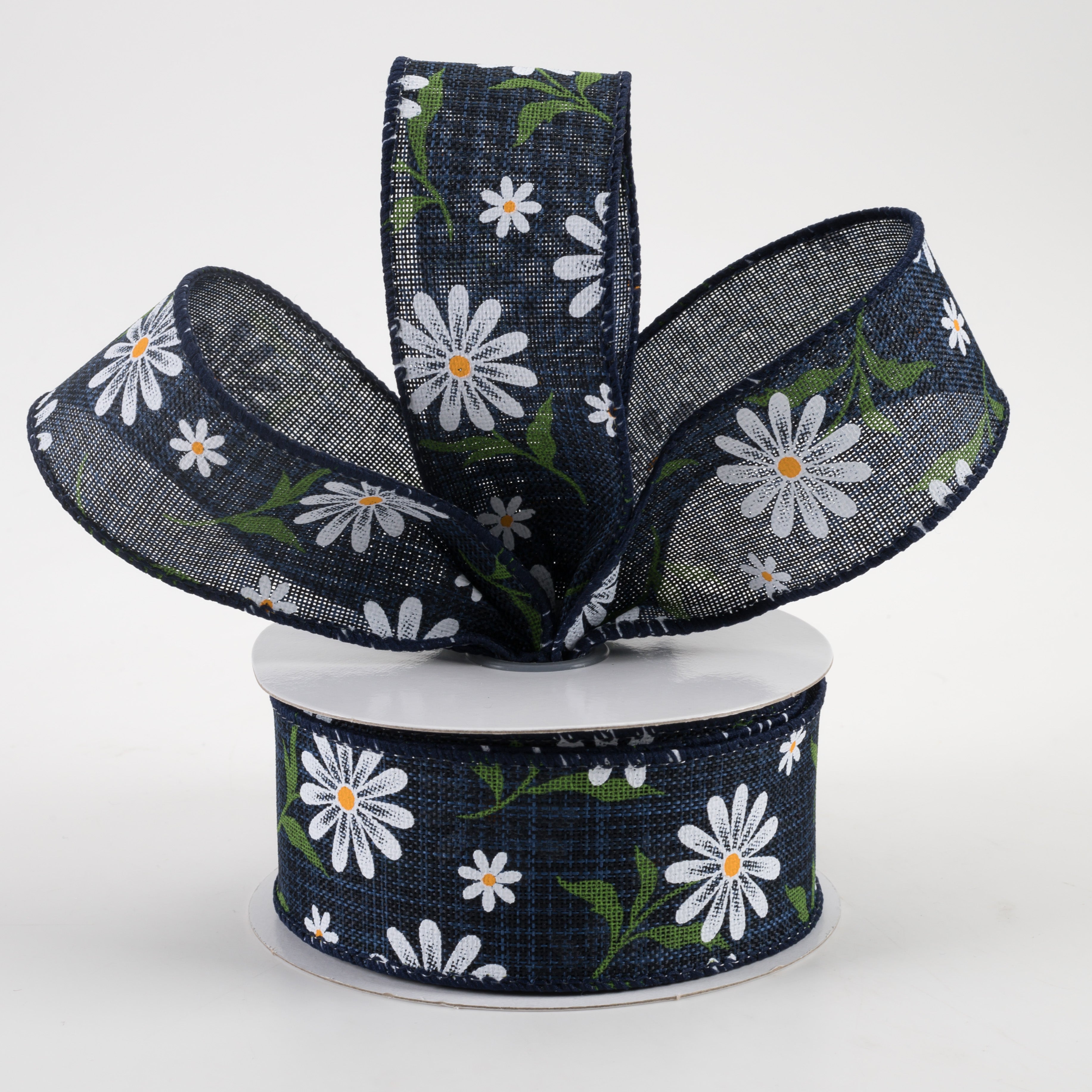 1.5" White Daisy Linen Ribbon: Navy (10 Yards) Lifestyle Photo