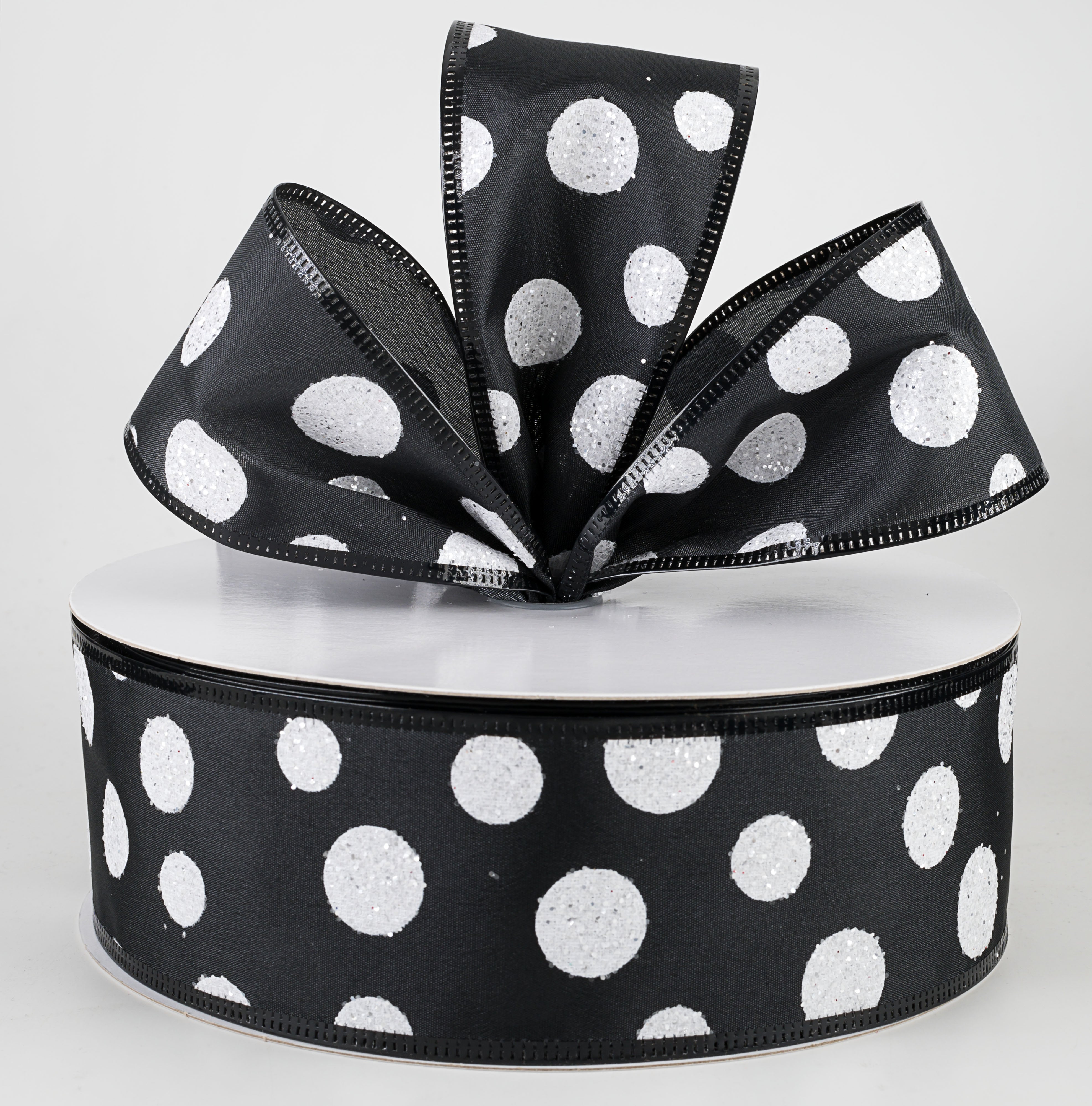 2.5" White Glitter Big Dot Satin Ribbon: Black (50 Yards) Lifestyle Photo