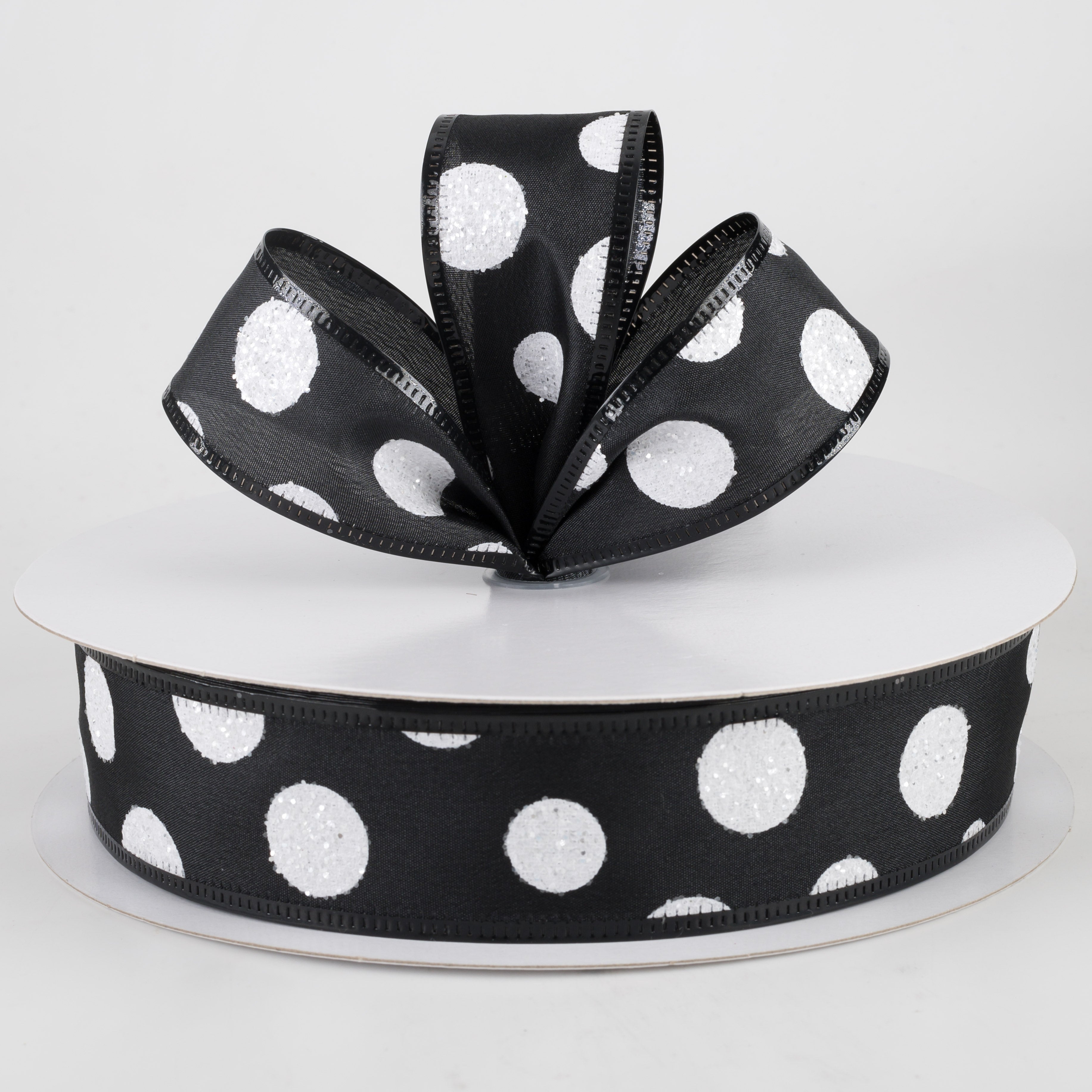 1.5" White Glitter Big Dot Satin Ribbon: Black (50 Yards) Lifestyle Photo