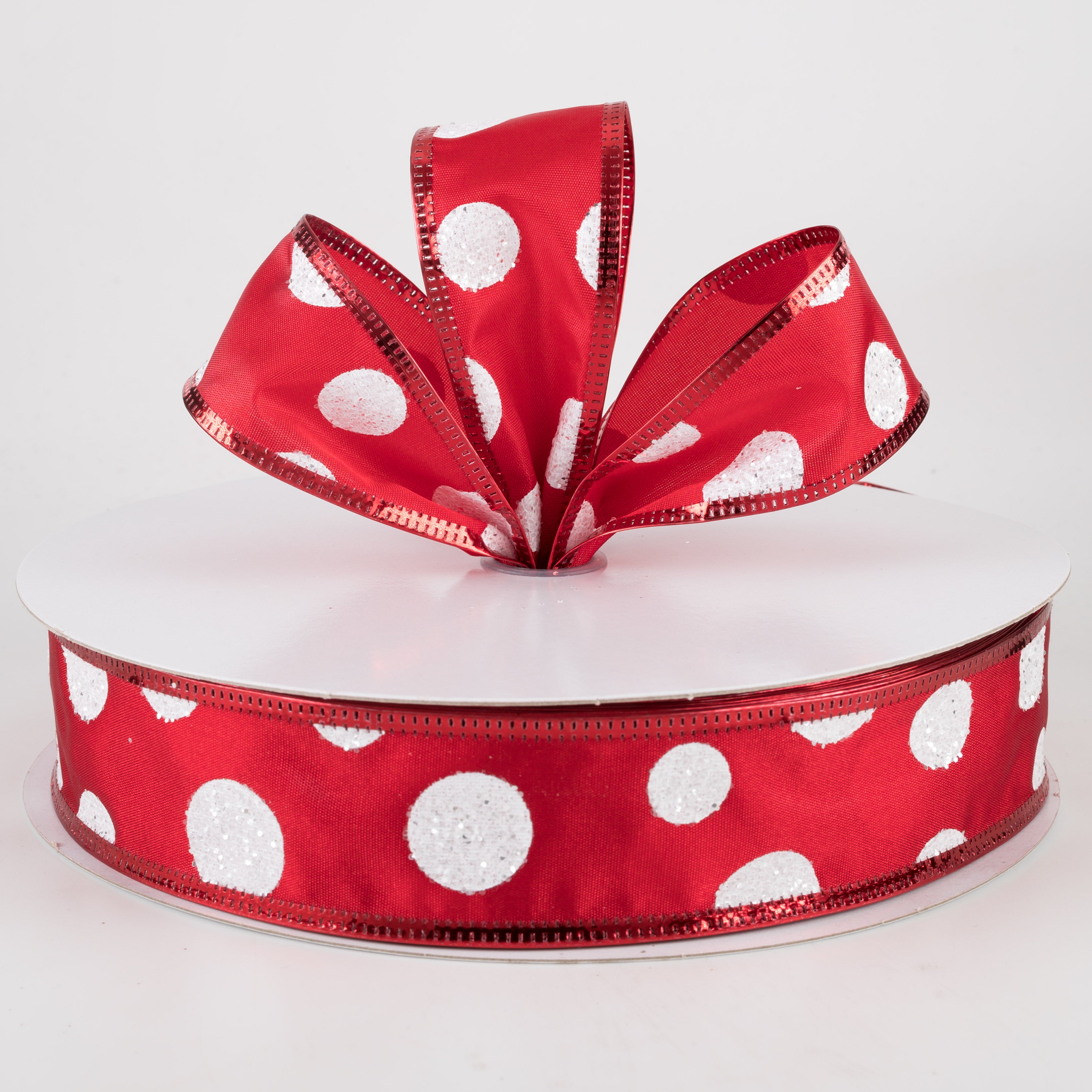 1.5" White Glitter Big Dot Satin Ribbon: Red (50 Yards) Lifestyle Photo