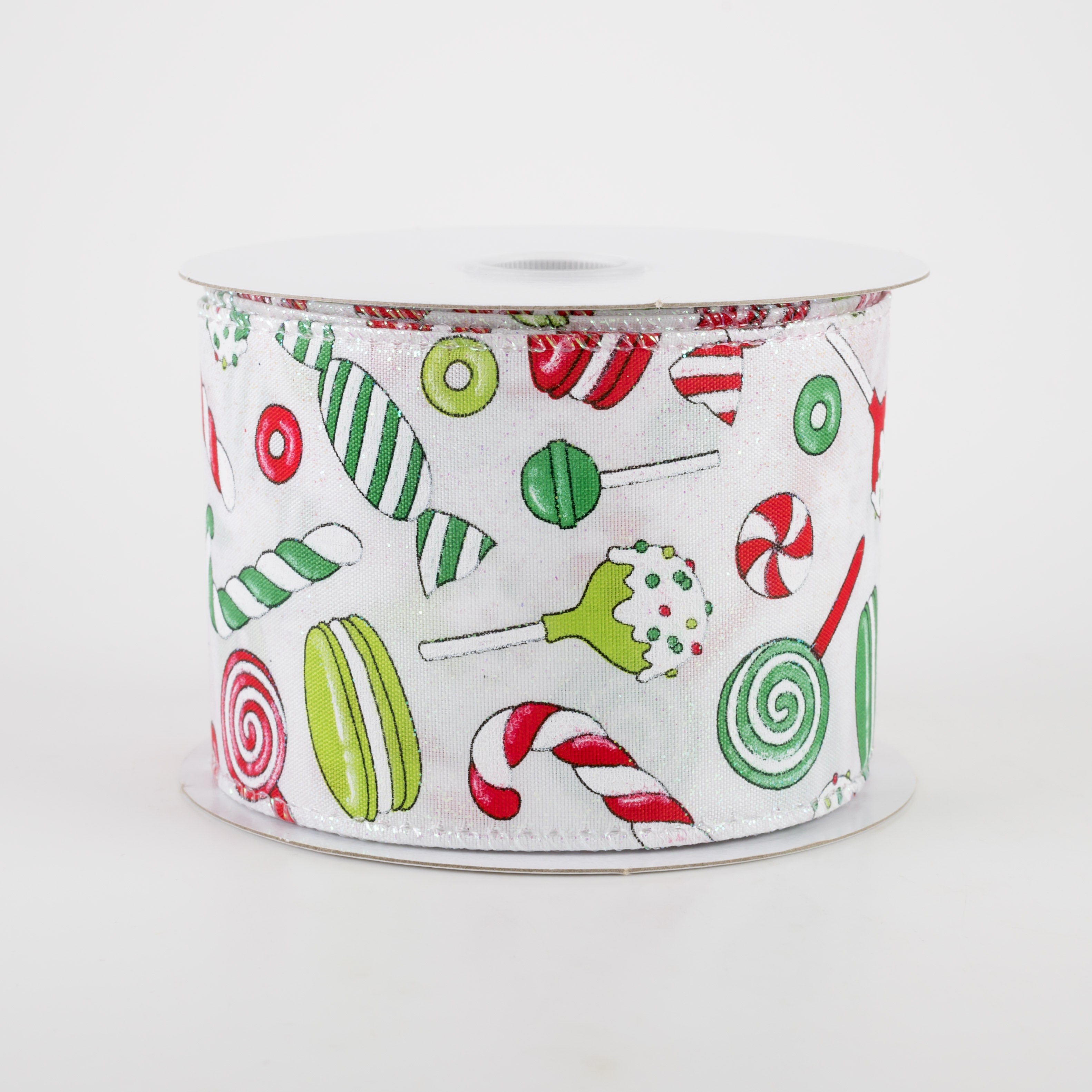 2.5" White Glitter Satin Christmas Treats Ribbon: Red & Green (10 Yards) Item Number: 71101-40-09