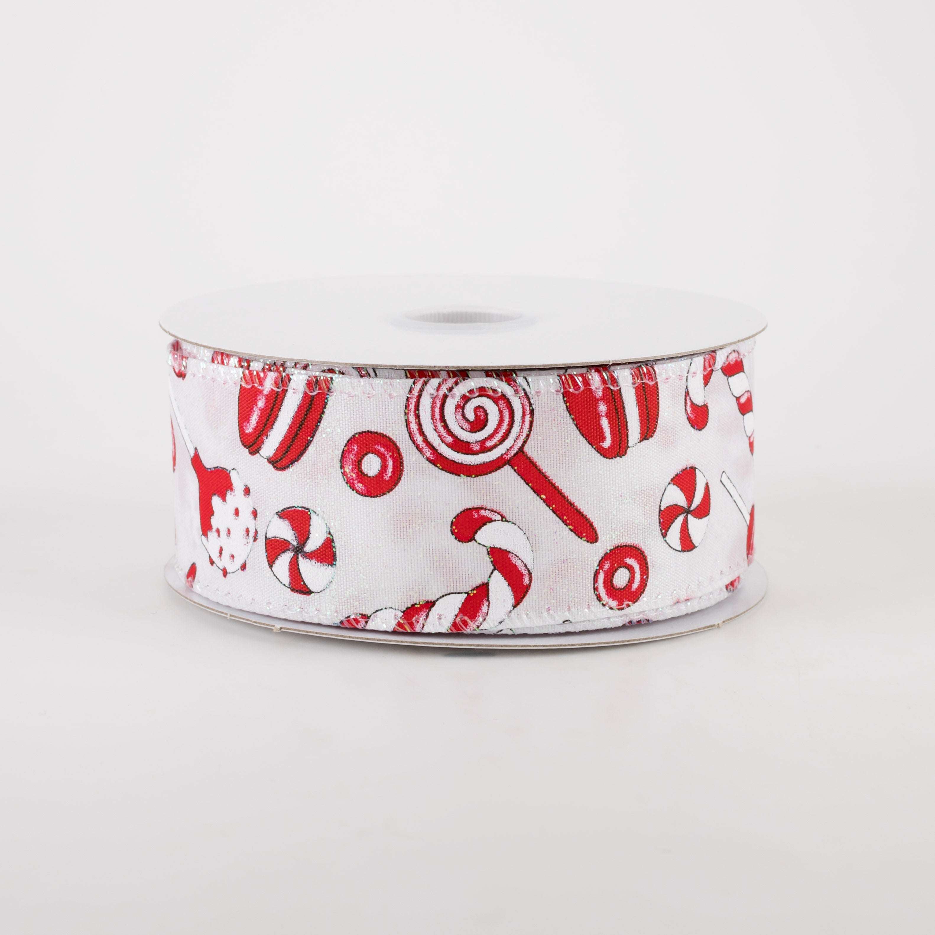1.5" White Glitter Satin Christmas Treats Ribbon: Red, White (10 Yards) Item Number: 71101-09-12