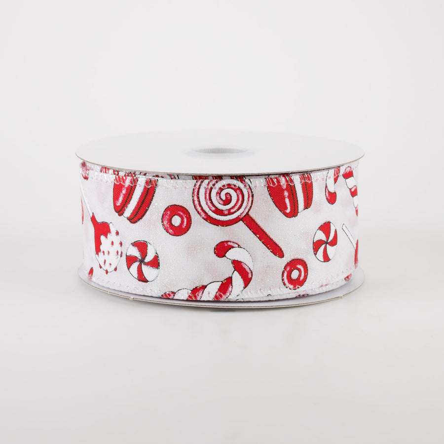 1.5" White Glitter Satin Christmas Treats Ribbon: Red, White (10 Yards) Item Number: 71101-09-12