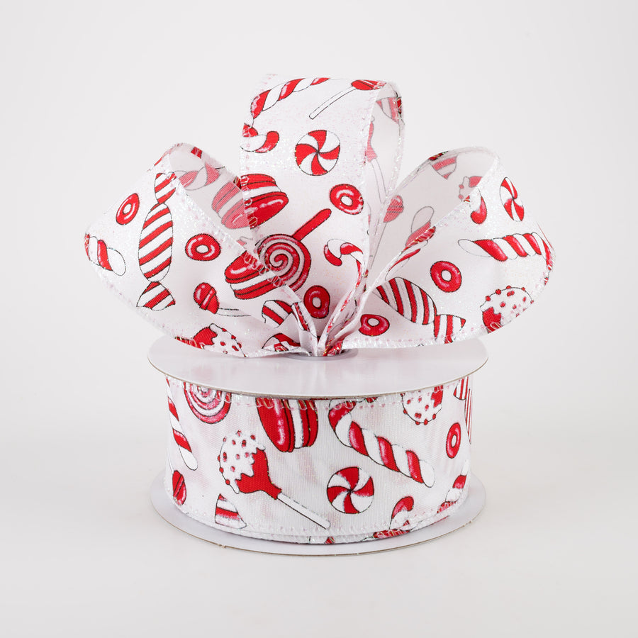 1.5" White Glitter Satin Christmas Treats Ribbon: Red, White (10 Yards) Lifestyle Photo