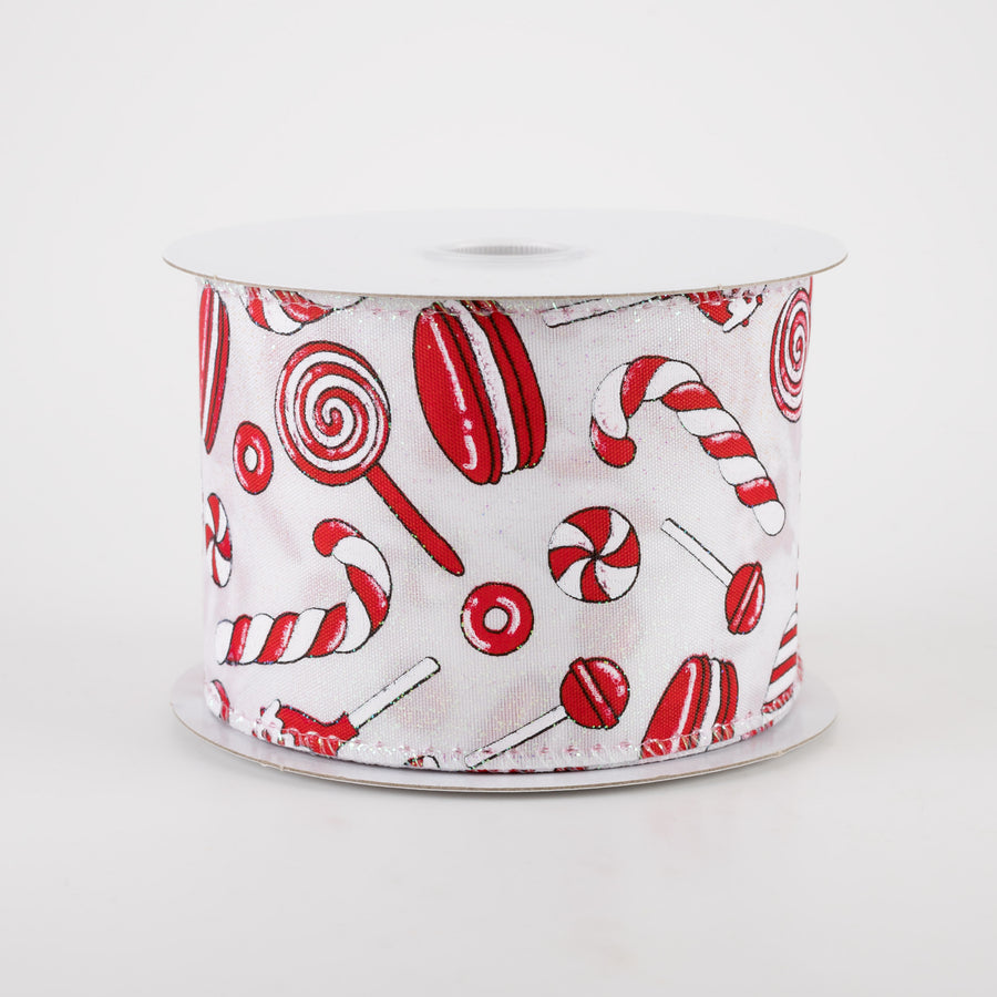 2.5" White Glitter Satin Christmas Treats Ribbon: Red, White (10 Yards)