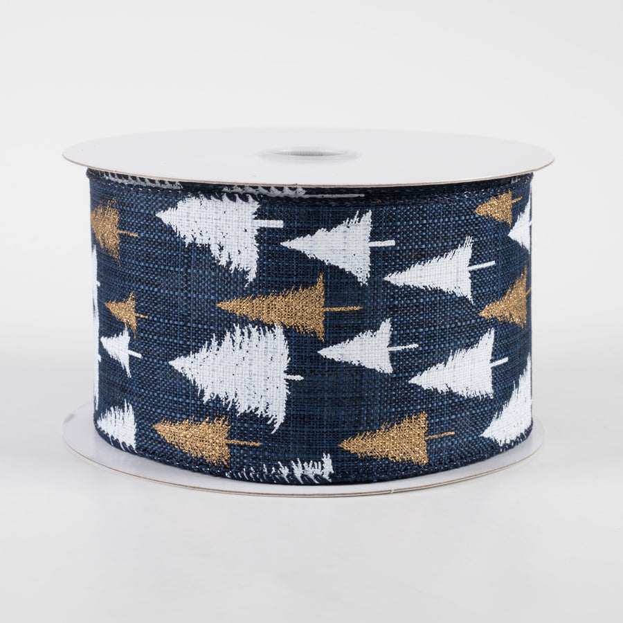 2.5" White & Gold Glittered Tree Linen Ribbon: Navy (10 Yards)