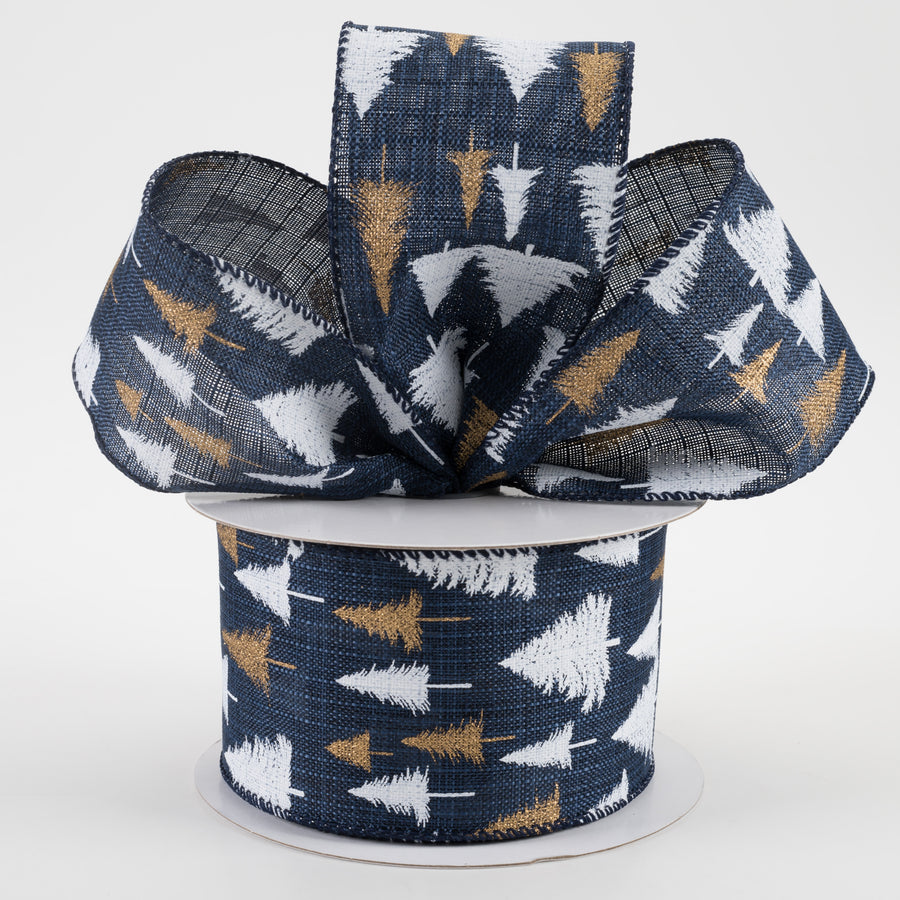 2.5" White & Gold Glittered Tree Linen Ribbon: Navy (10 Yards) Lifestyle Photo