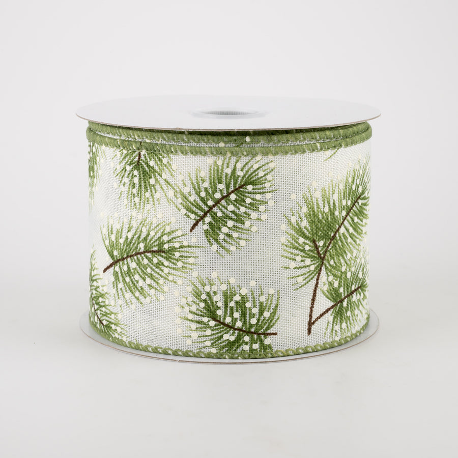 2.5" White Linen Snowy Pine Ribbon (10 Yards)