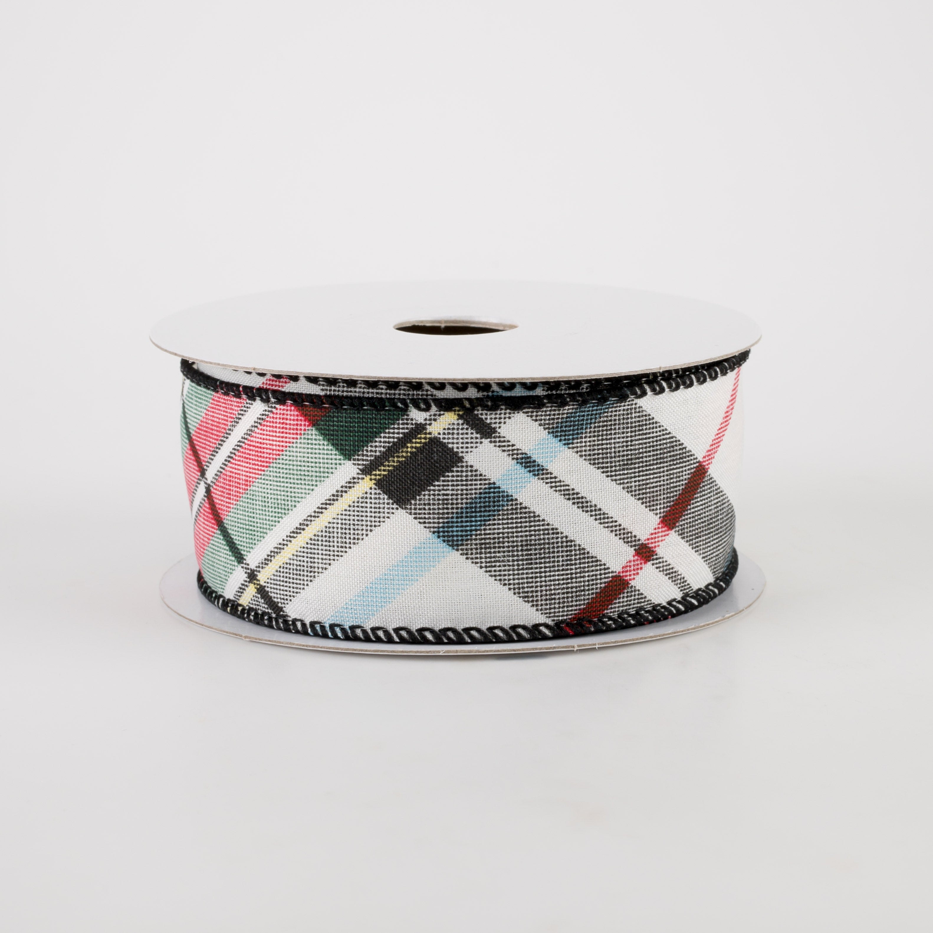 1.5" White Linen Toy Soldier Plaid Ribbon: Green, Red, Black, Yellow (10 Yards)