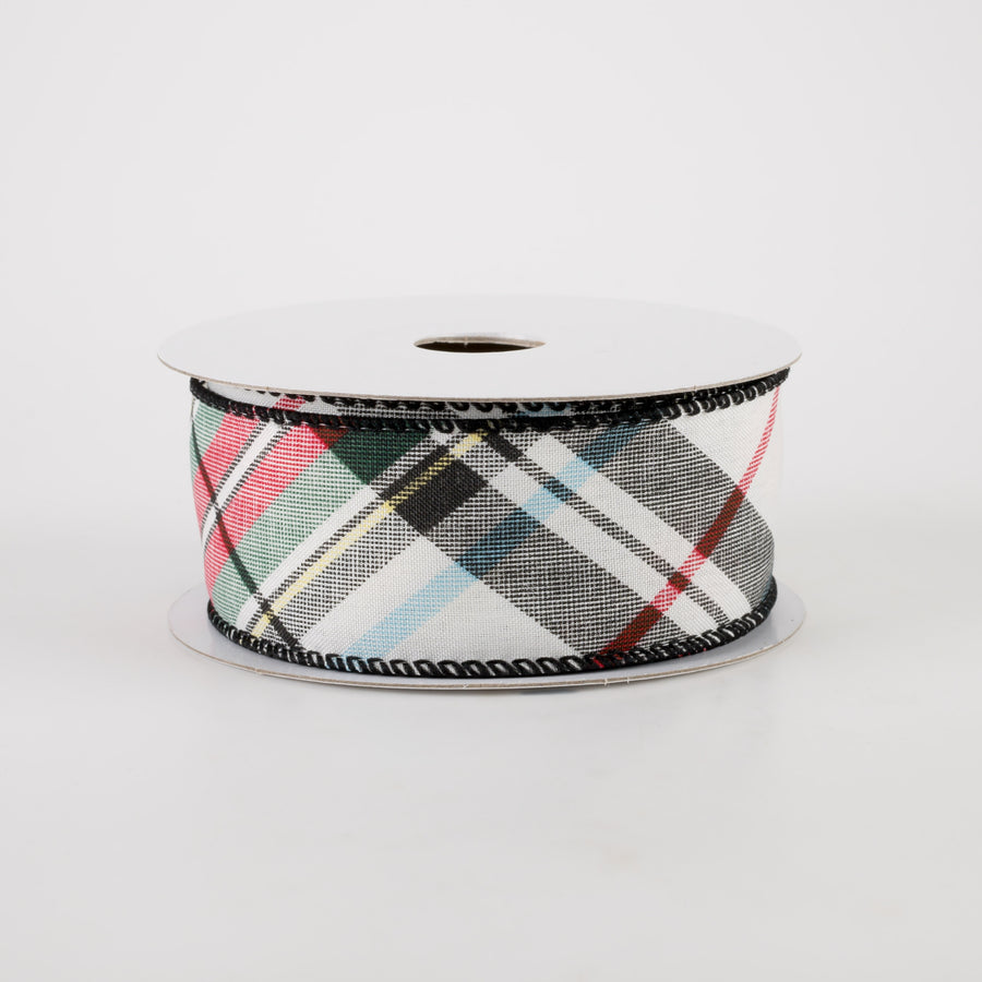 1.5" White Linen Toy Soldier Plaid Ribbon: Green, Red, Black, Yellow (10 Yards)