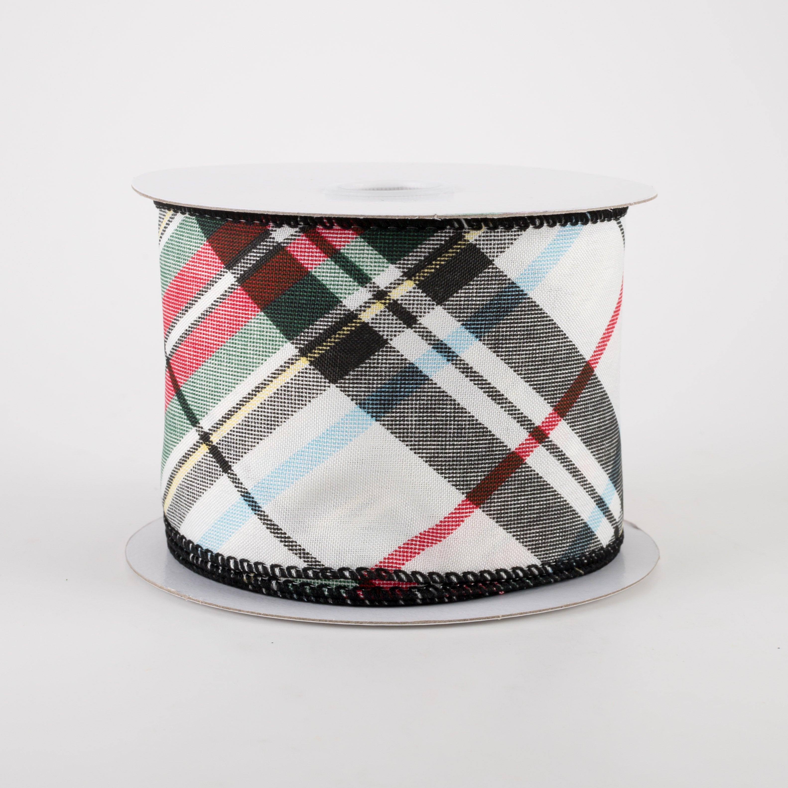 2.5" White Linen Toy Soldier Plaid Ribbon: Green, Red, Black, Yellow (10 Yards) Item Number: 72155-40-04
