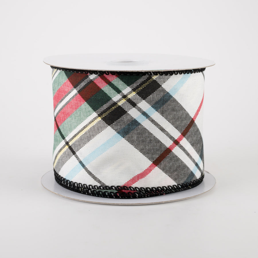 2.5" White Linen Toy Soldier Plaid Ribbon: Green, Red, Black, Yellow (10 Yards) Item Number: 72155-40-04