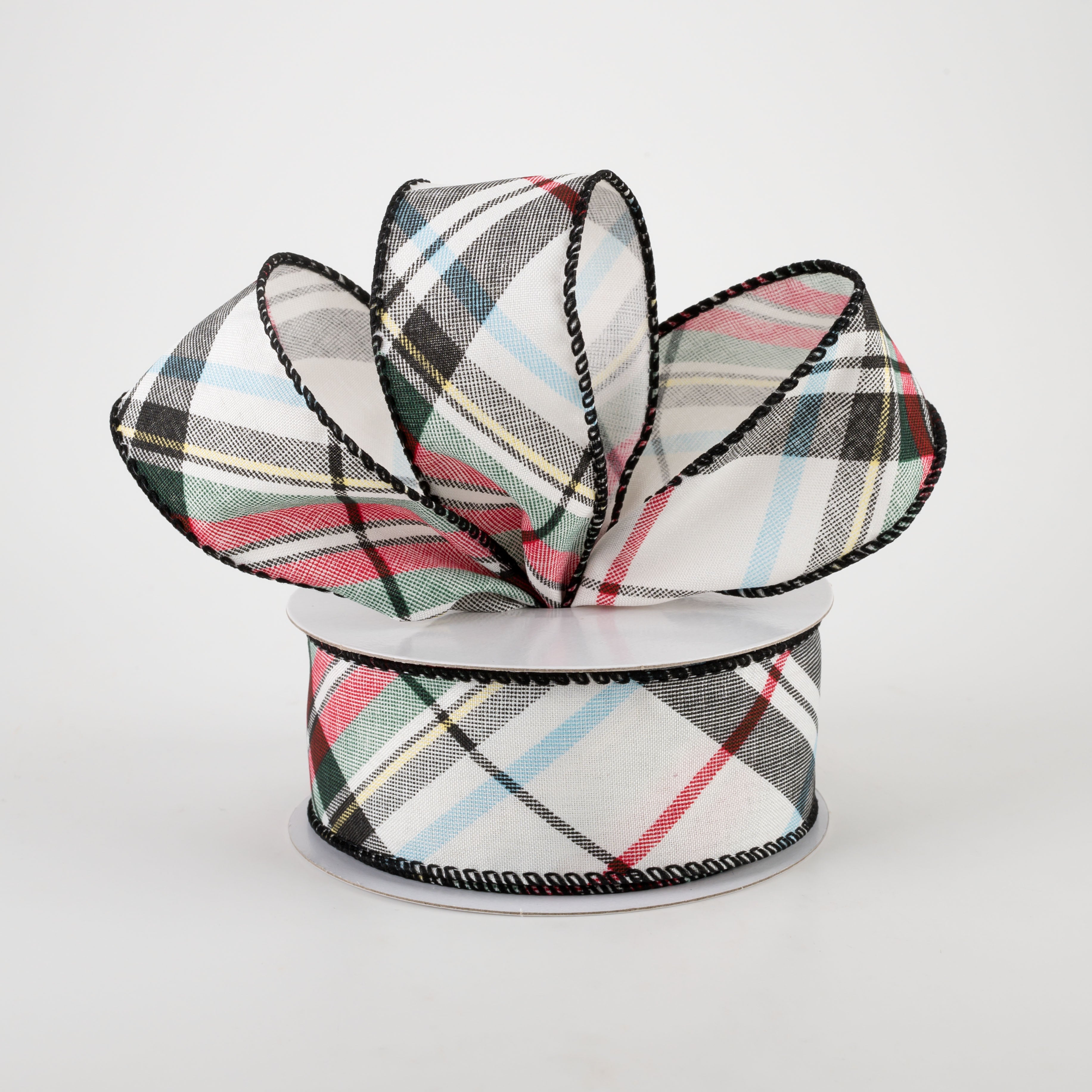 1.5" White Linen Toy Soldier Plaid Ribbon: Green, Red, Black, Yellow (10 Yards) Lifestyle Photo