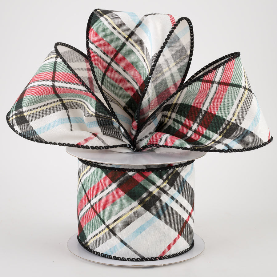 2.5" White Linen Toy Soldier Plaid Ribbon: Green, Red, Black, Yellow (10 Yards) Lifestyle Photo