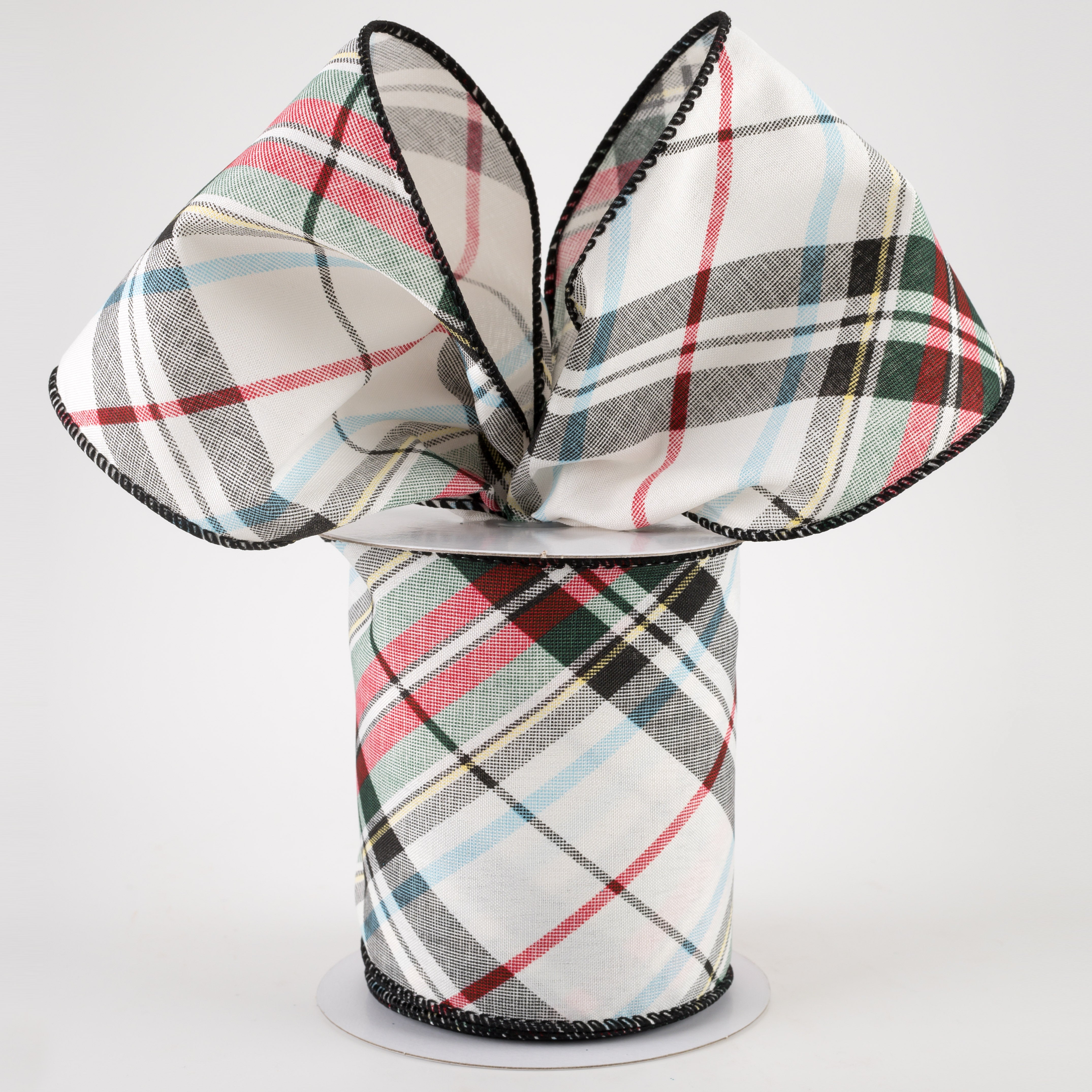 4" White Linen Toy Soldier Plaid Ribbon: Green, Red, Black, Yellow (10 Yards) Lifestyle Photo