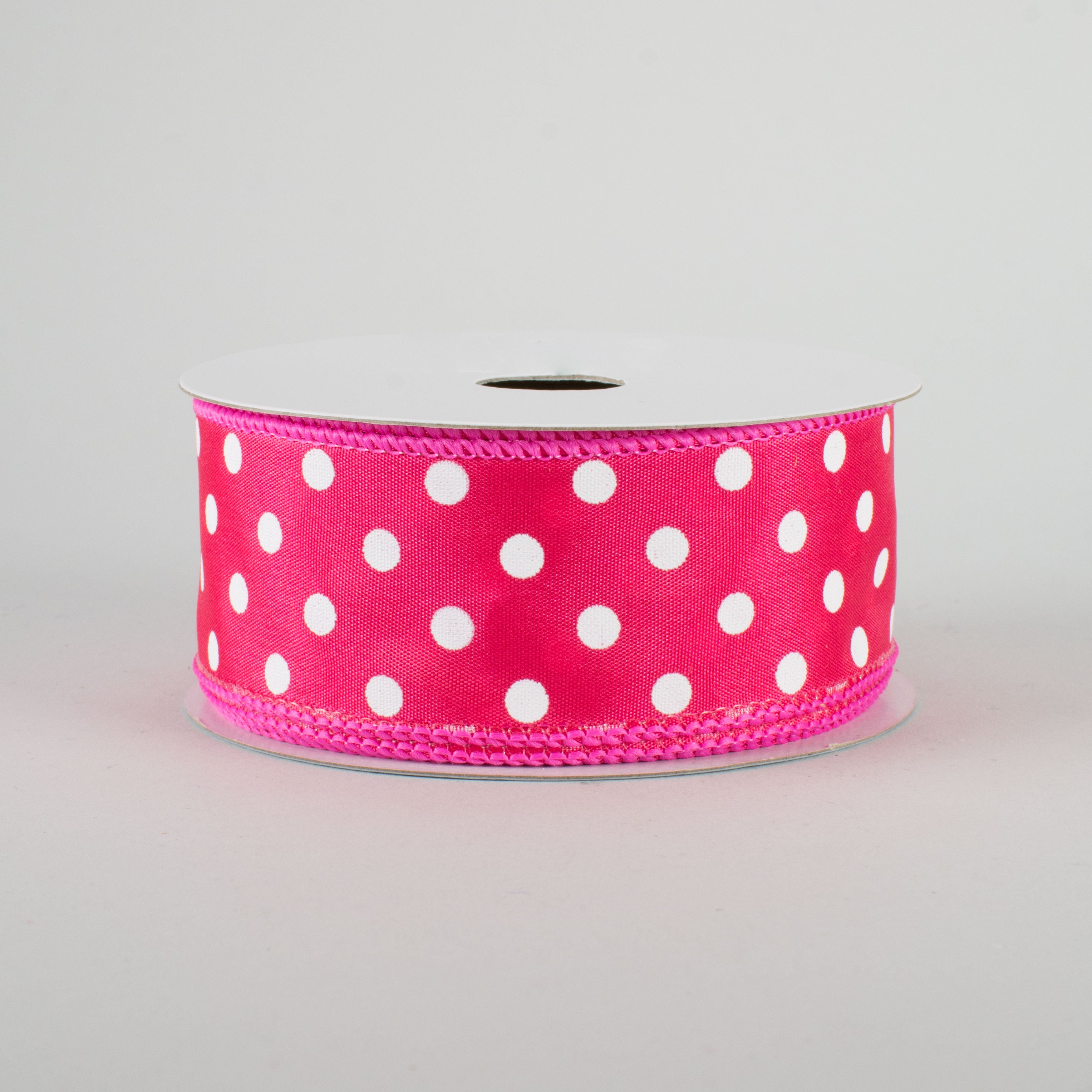 1.5" White Polka Dot Ribbon: Hot Pink (10 Yards)