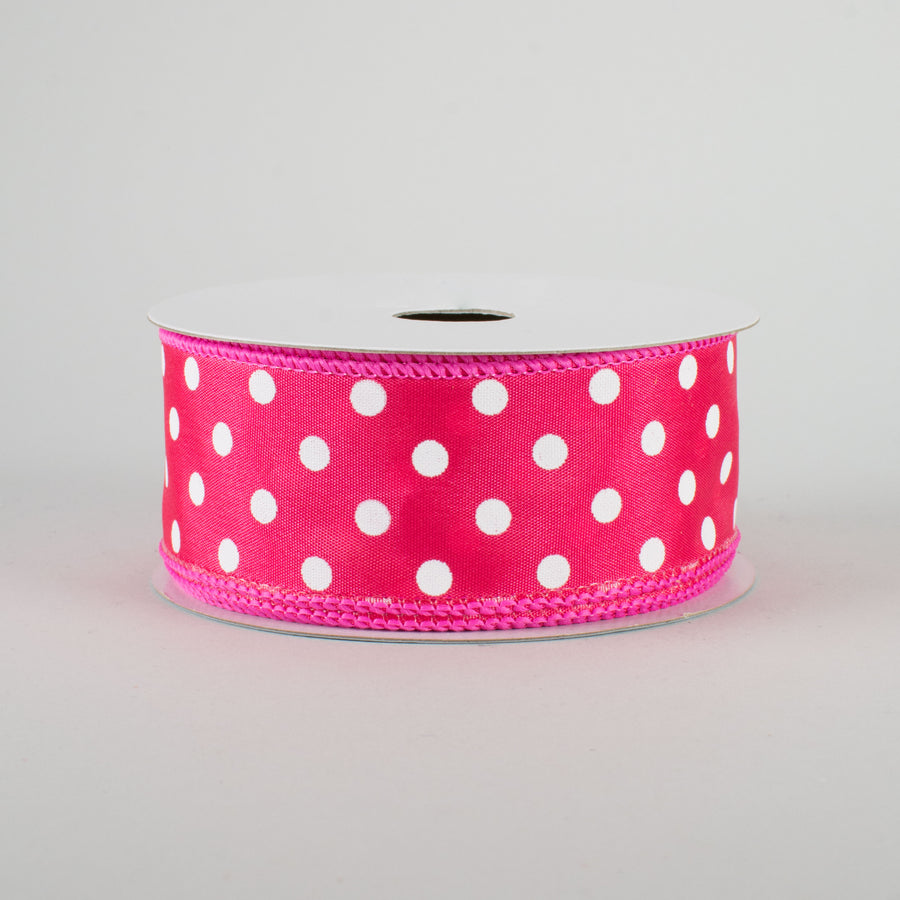 1.5" White Polka Dot Ribbon: Hot Pink (10 Yards)