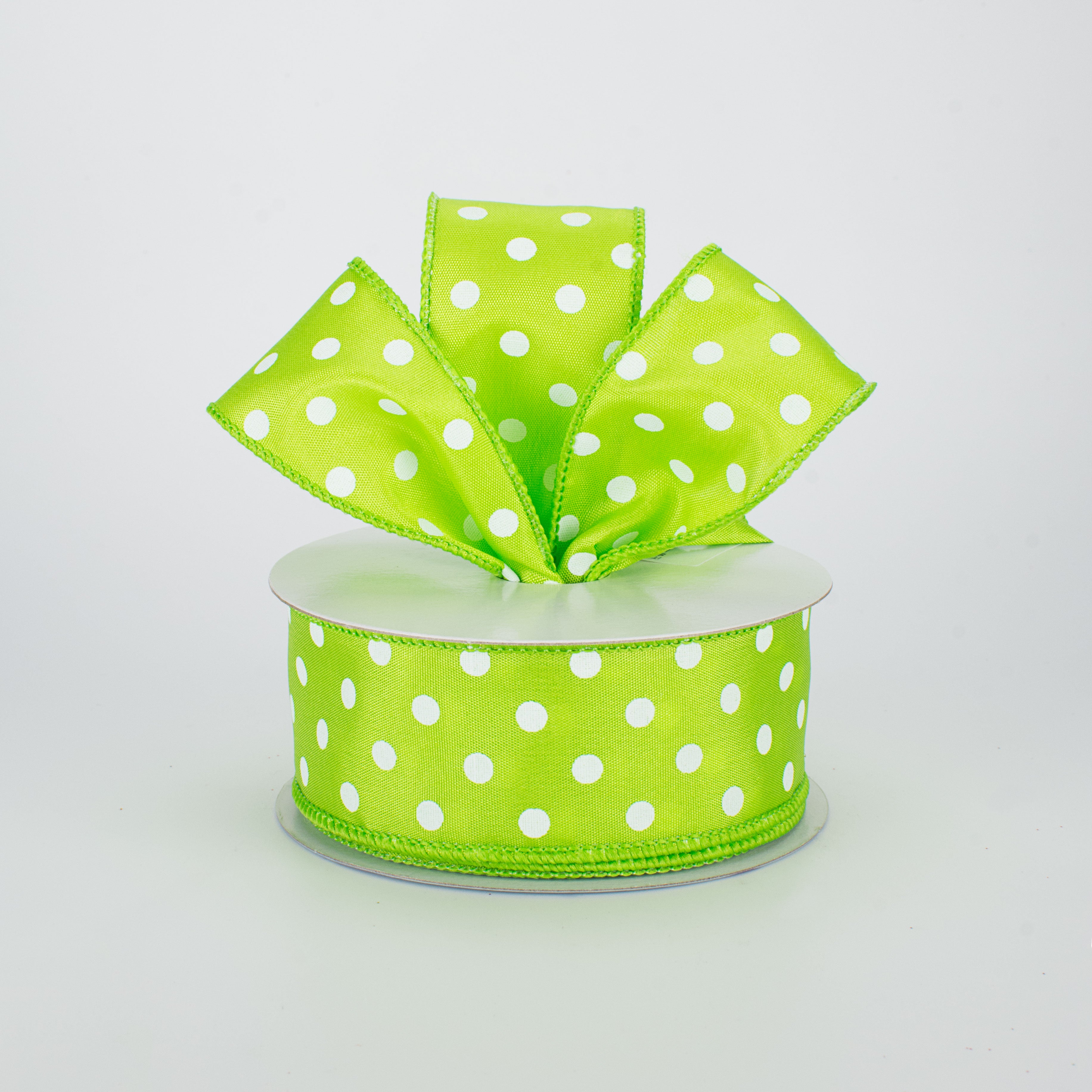 1.5" White Polka Dot Ribbon: Lime Green (10 Yards) Lifestyle Photo