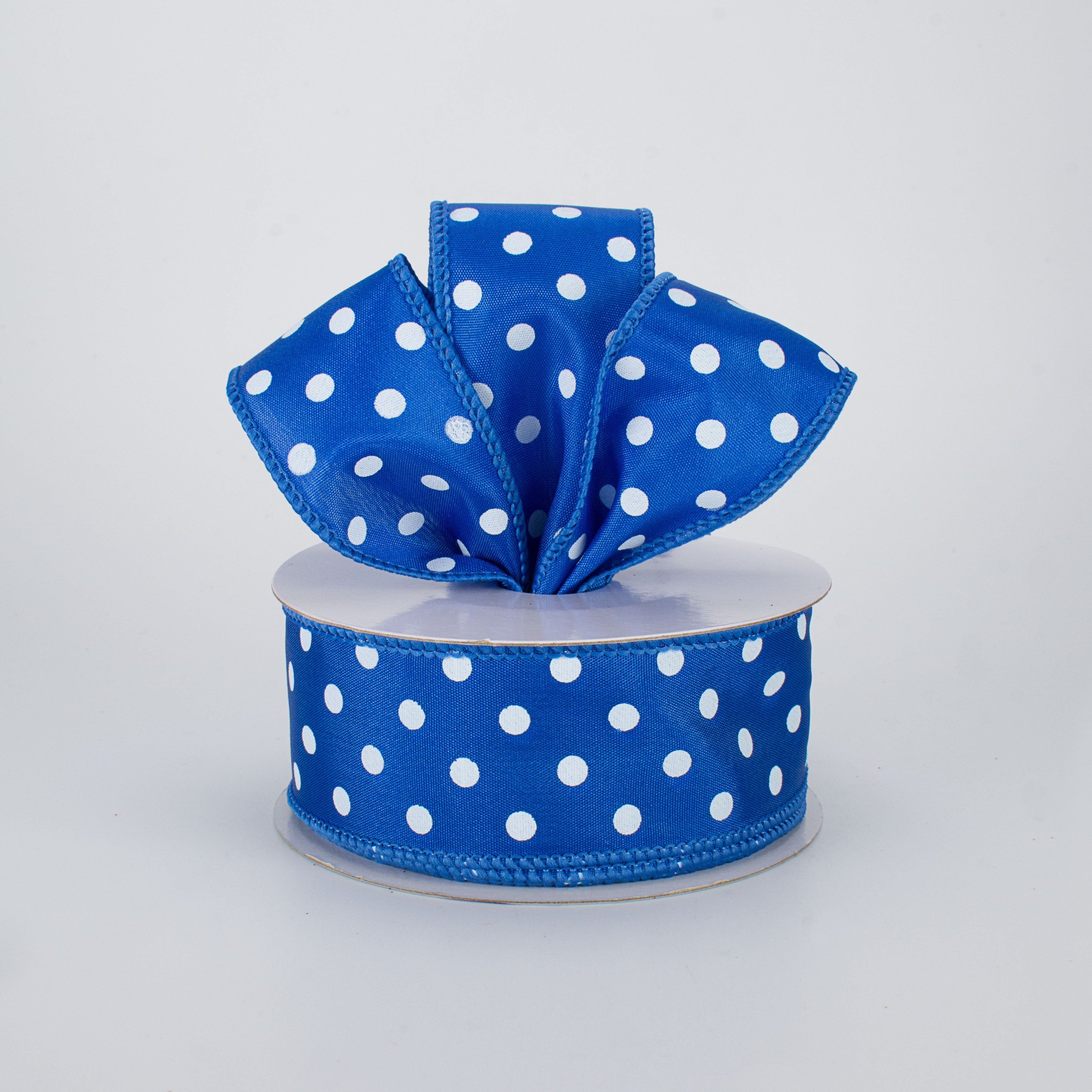 1.5" White Polka Dot Ribbon: Royal Blue (10 Yards) Lifestyle Photo