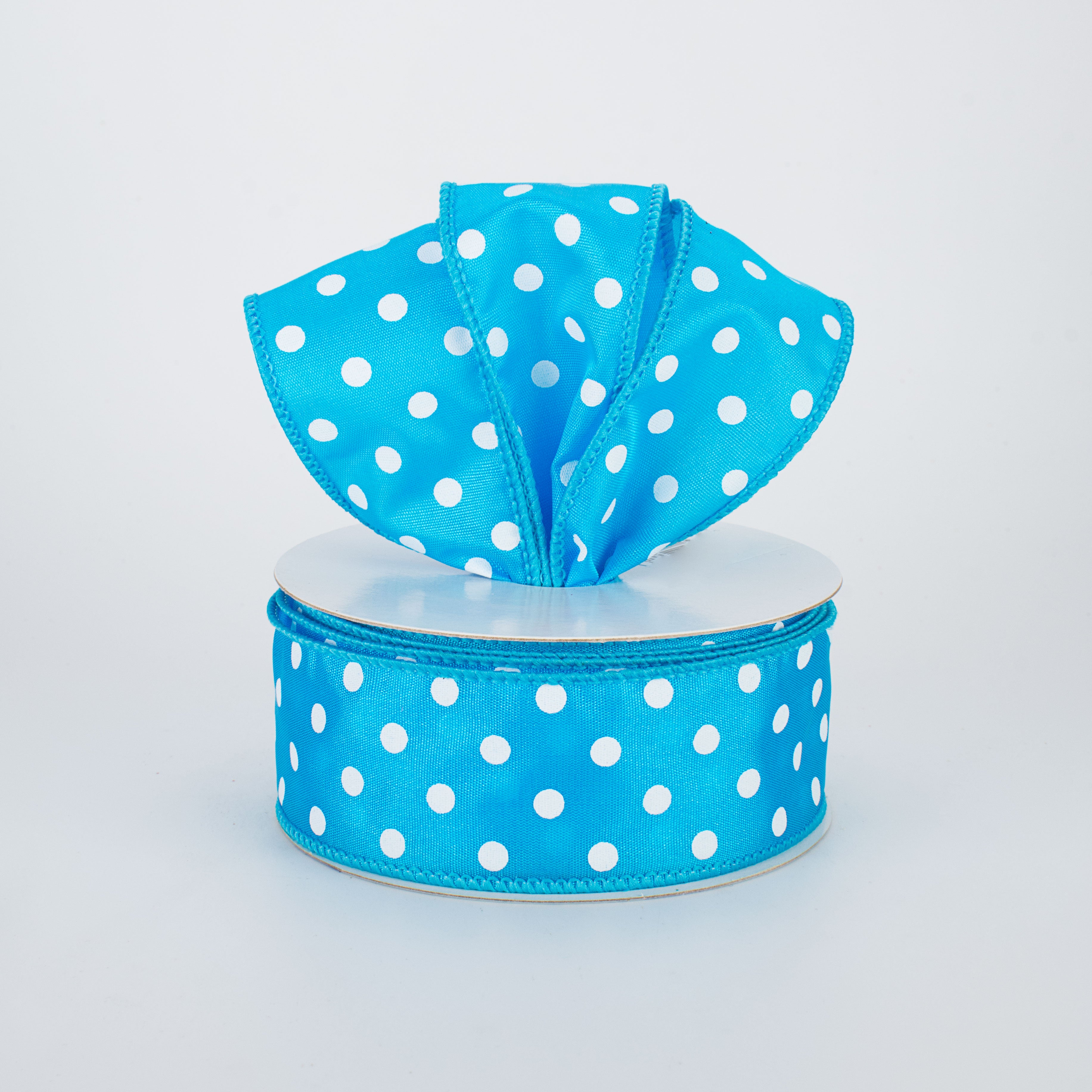 1.5" White Polka Dot Ribbon: Turquoise Blue (10 Yards) Lifestyle Photo
