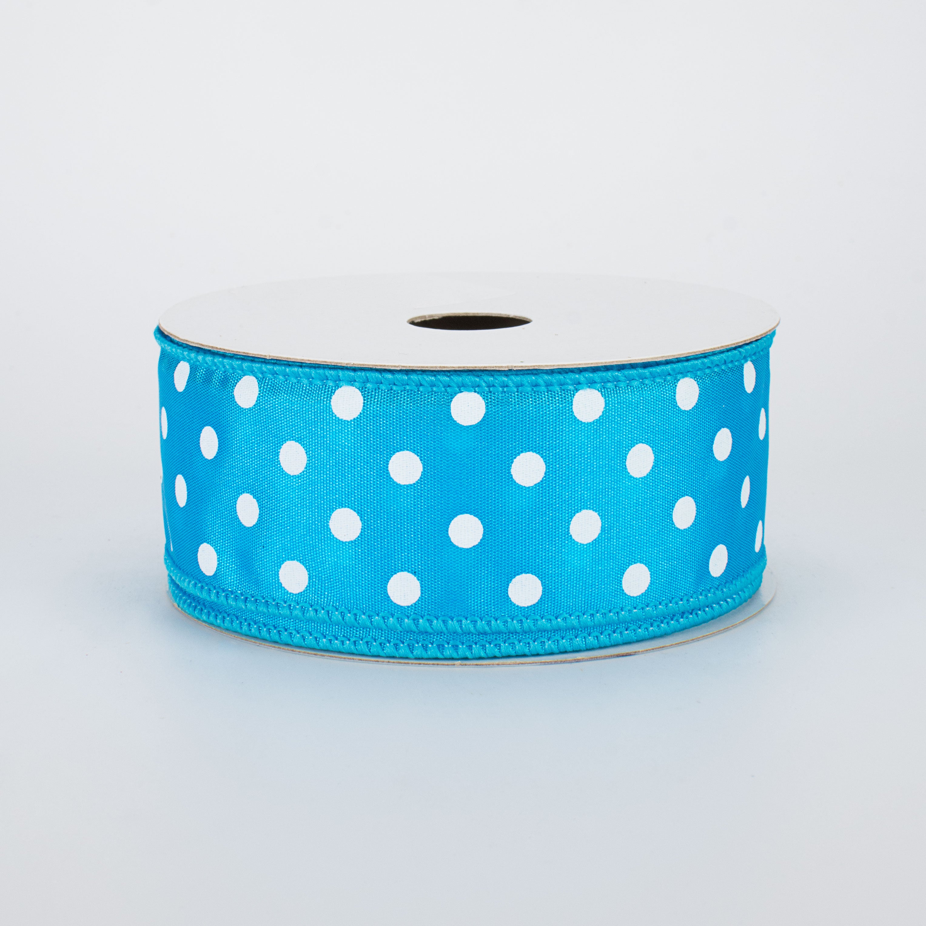 1.5" White Polka Dot Ribbon: Turquoise Blue (10 Yards)