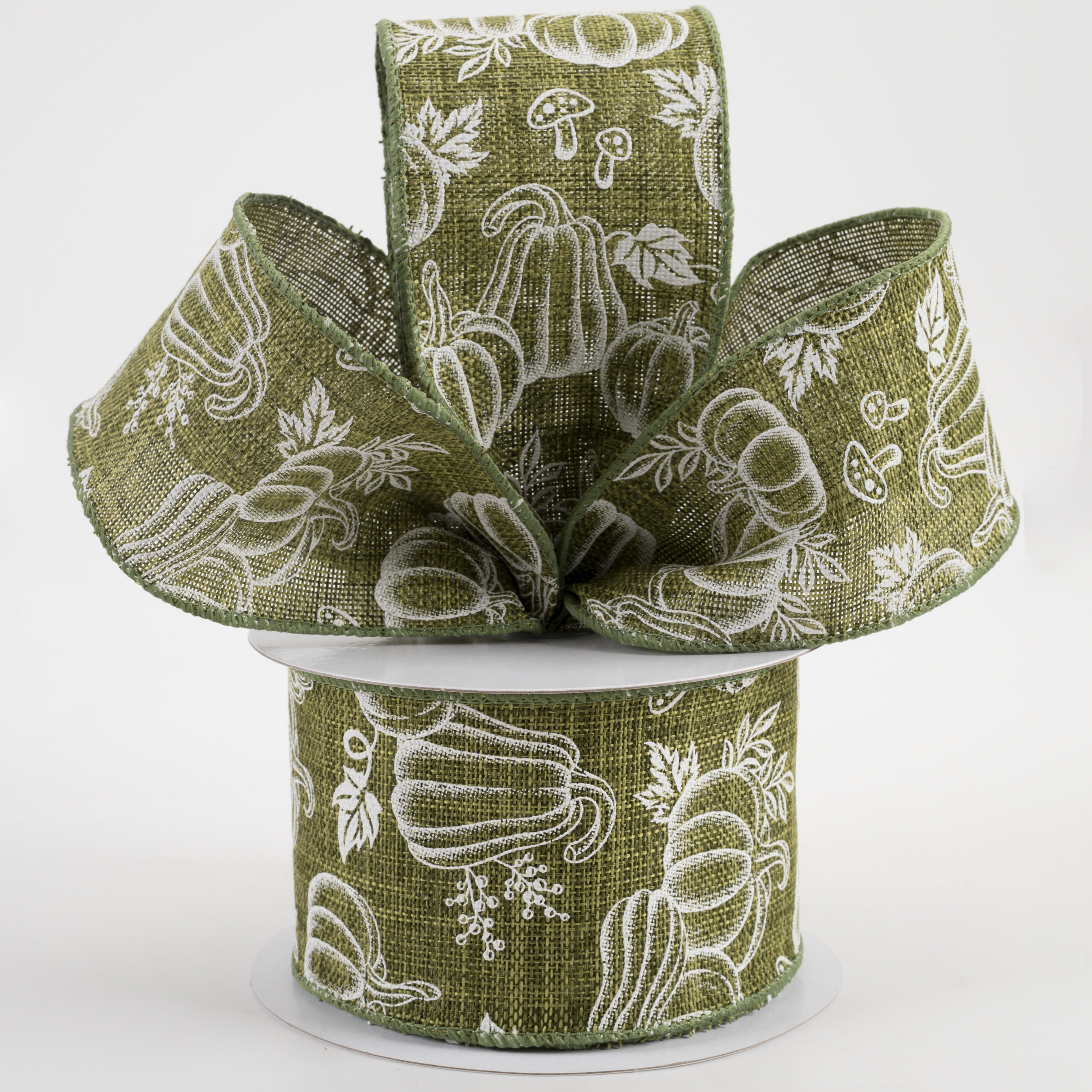 2.5" White Pumpkins & Mushrooms Ribbon: Moss Green (10 Yards) Lifestyle Photo