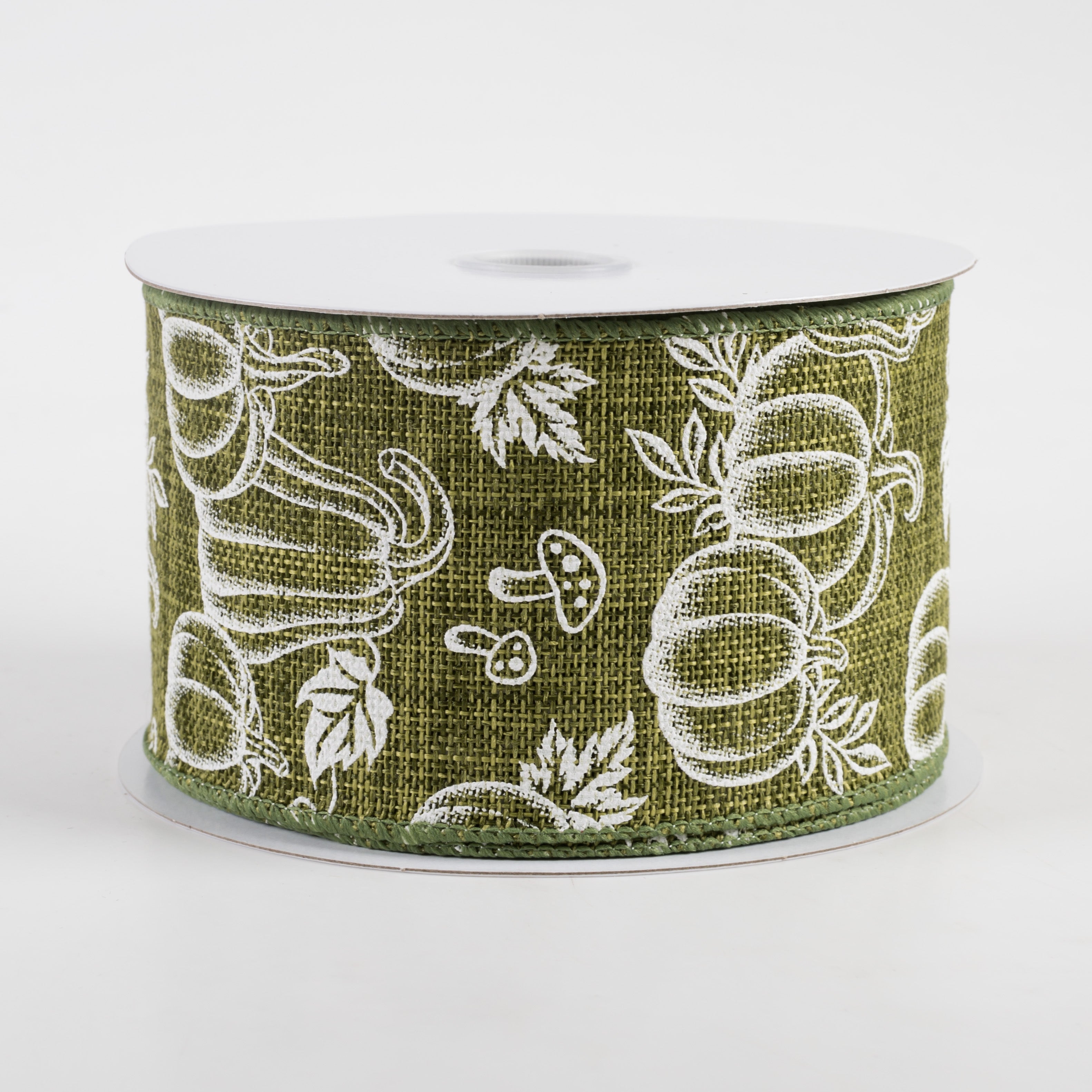 2.5" White Pumpkins & Mushrooms Ribbon: Moss Green (10 Yards)