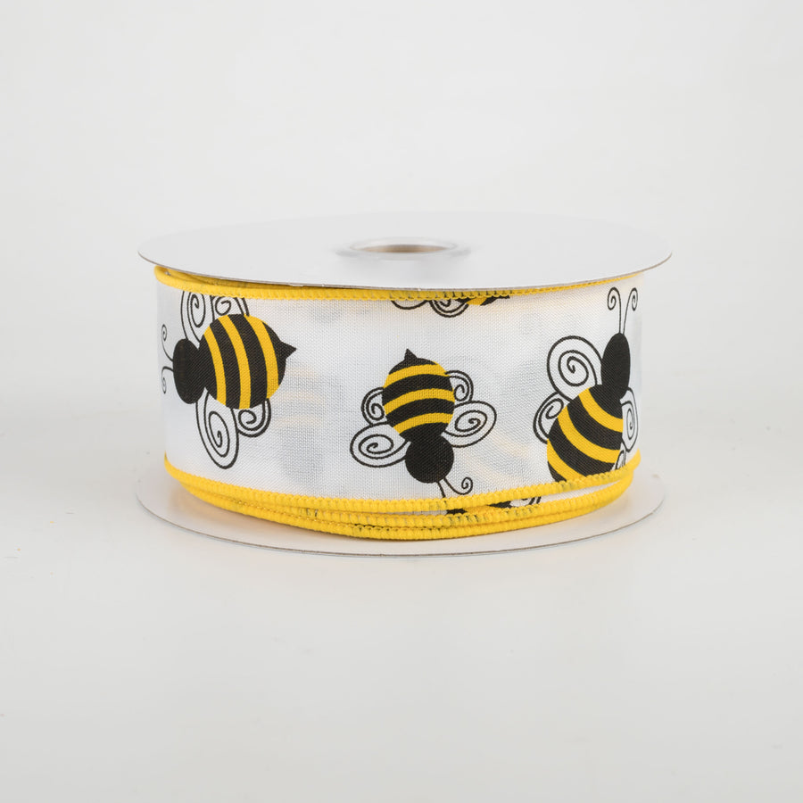 1.5" White Satin Bumble Bee Ribbon (10 Yards)
