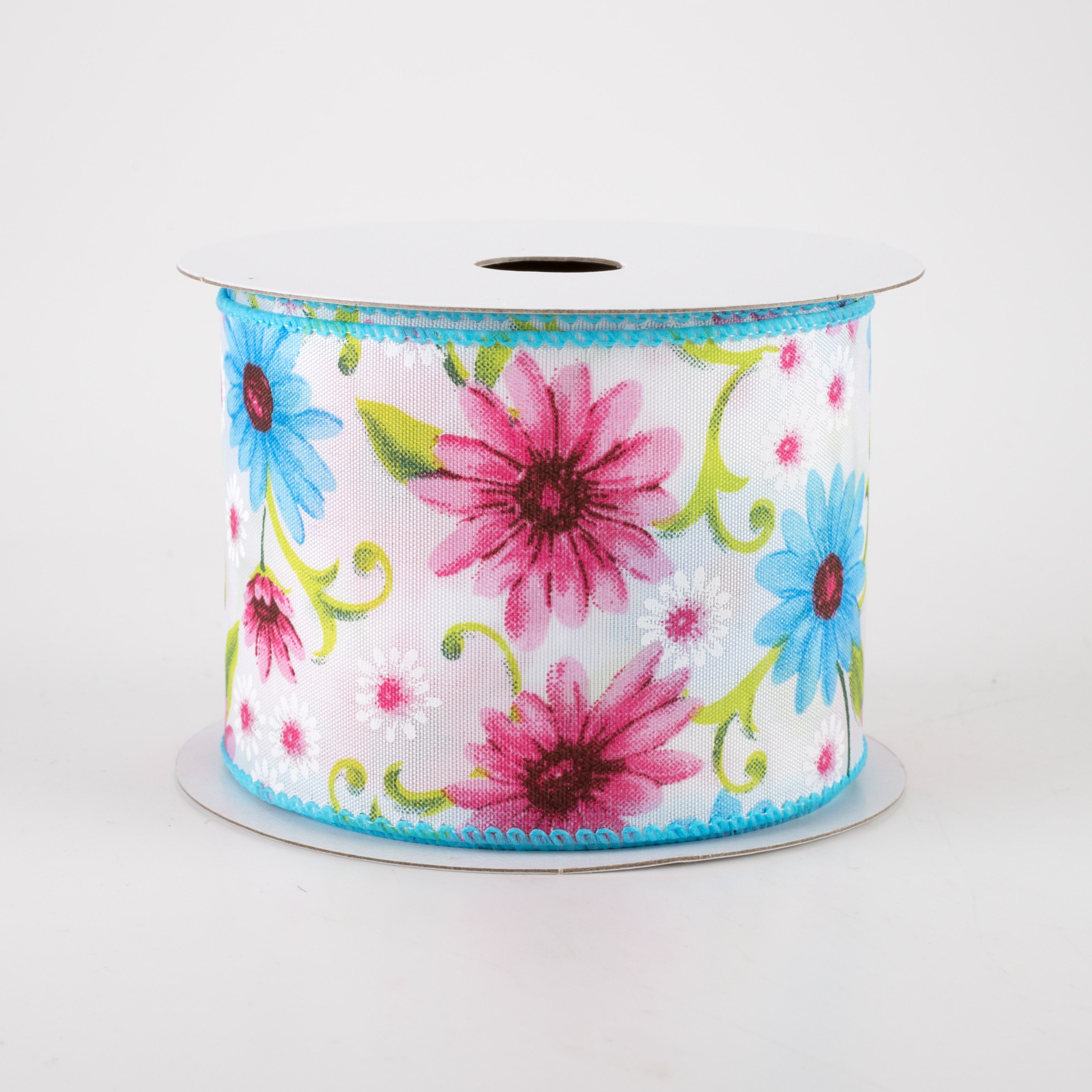 2.5" White Satin Daisies Ribbon: Blue & Pink (10 Yards)