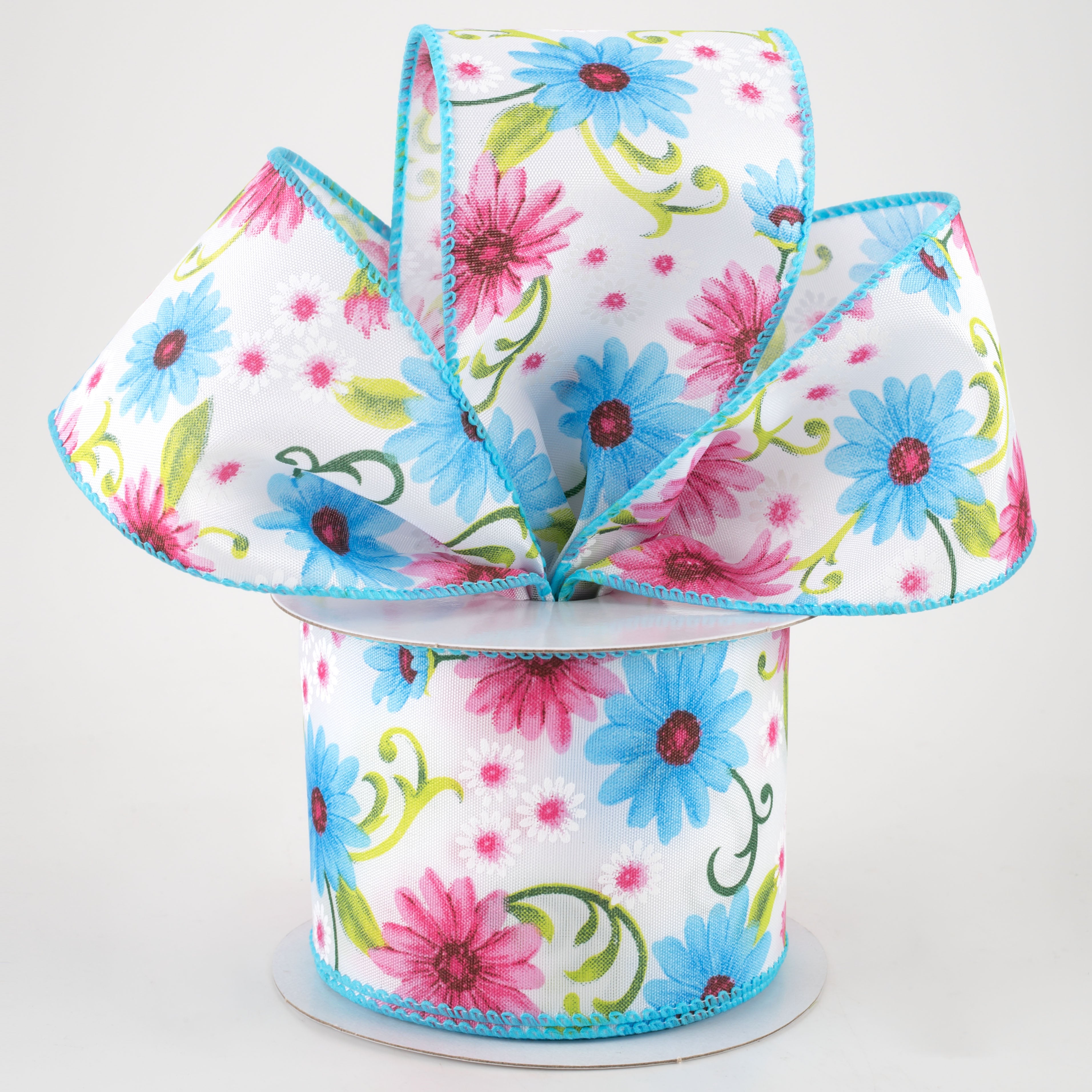 2.5" White Satin Daisies Ribbon: Blue & Pink (10 Yards) Lifestyle Photo