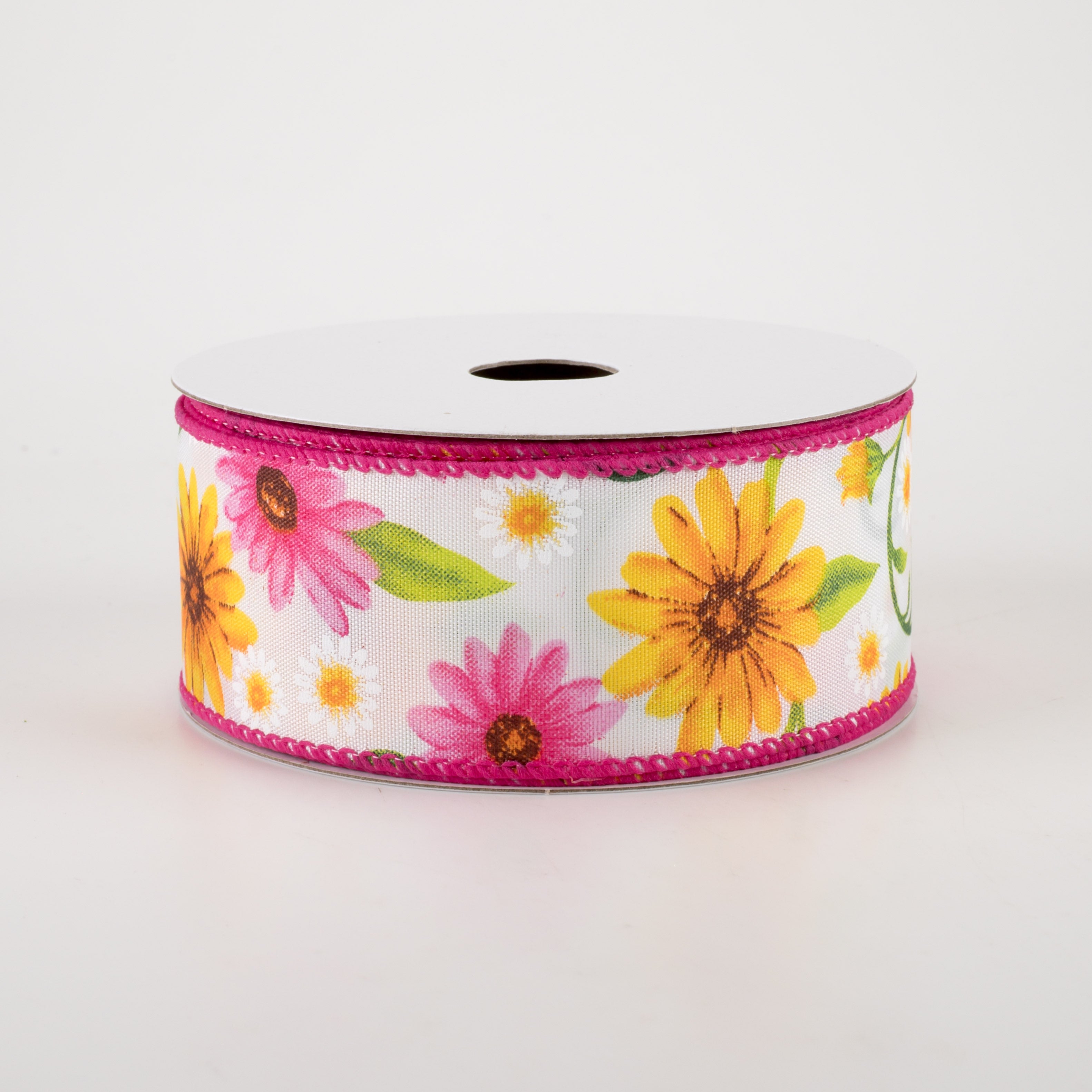 1.5" White Satin Daisies Ribbon: Pink & Yellow (10 Yards) Item Number: 41238-09-28