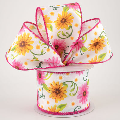 2.5" White Satin Daisies Ribbon: Pink & Yellow (10 Yards) Lifestyle Photo