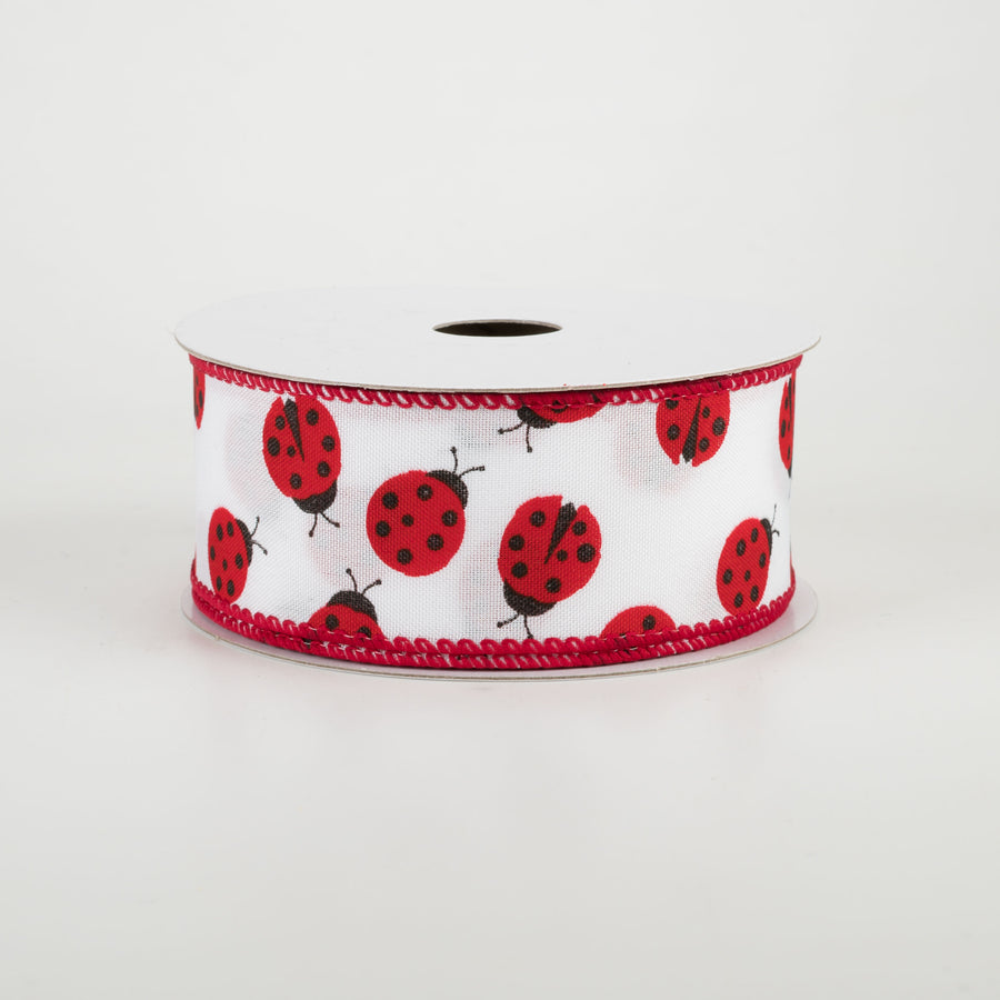 1.5" White Satin Ladybugs Ribbon (10 Yards)