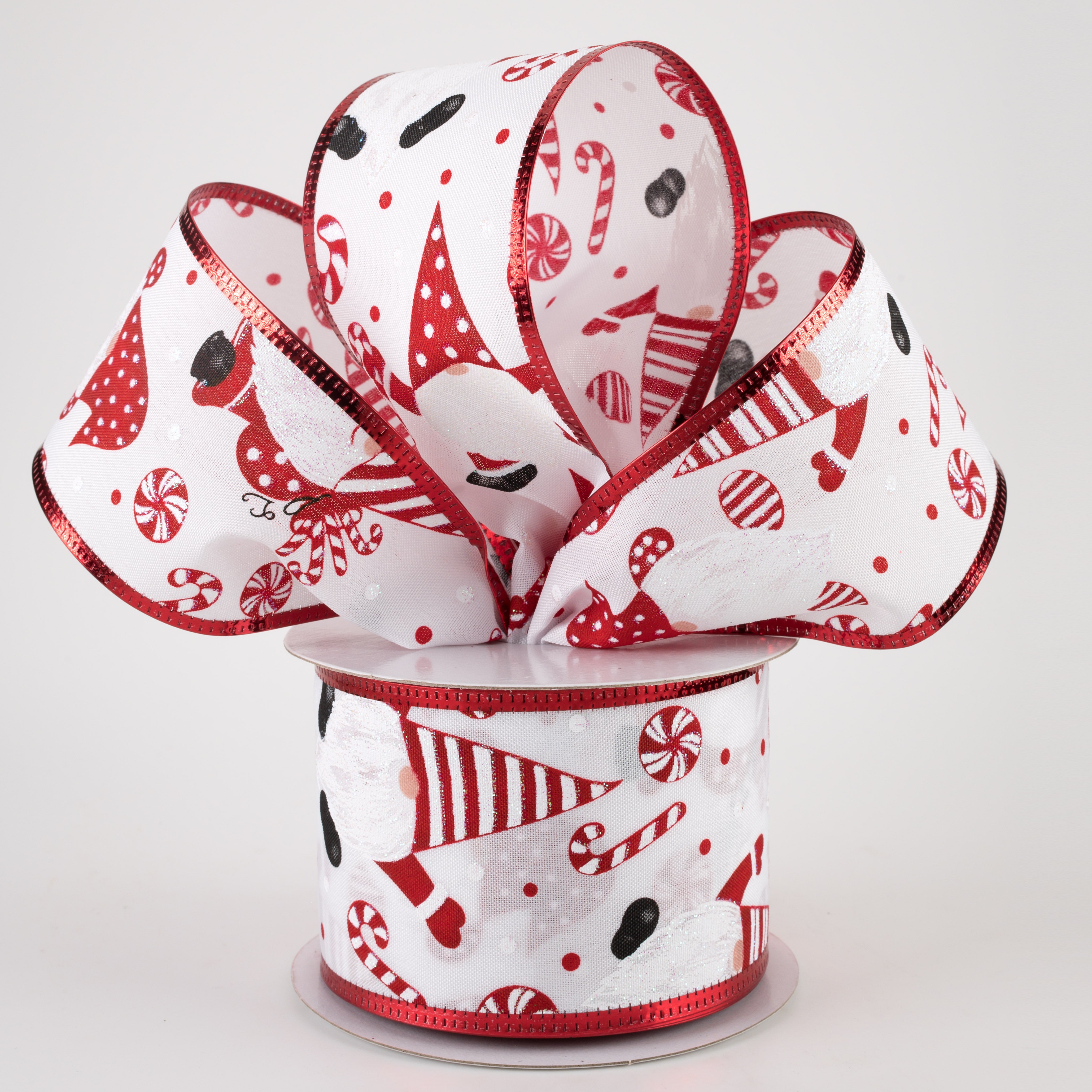 2.5" White Satin Red & Black Gnome Candy Cane Ribbon (10 Yards) Lifestyle Photo