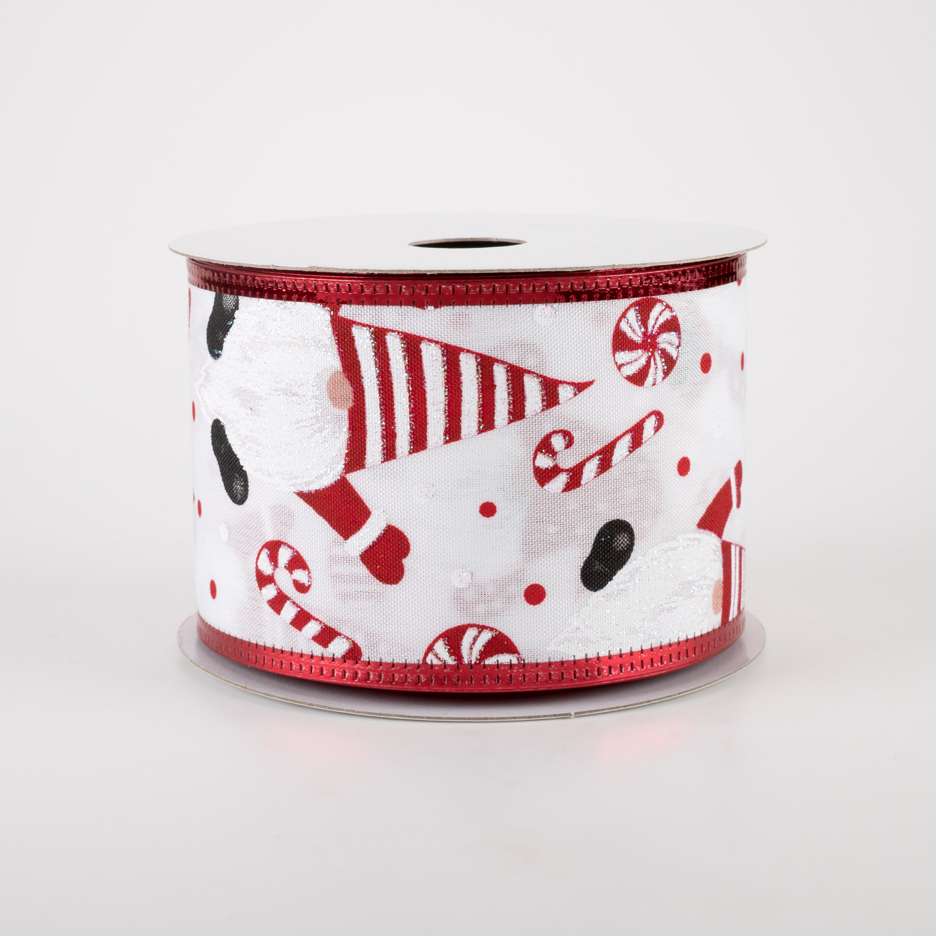 2.5" White Satin Red & Black Gnome Candy Cane Ribbon (10 Yards) Item Number: 75110-40-20