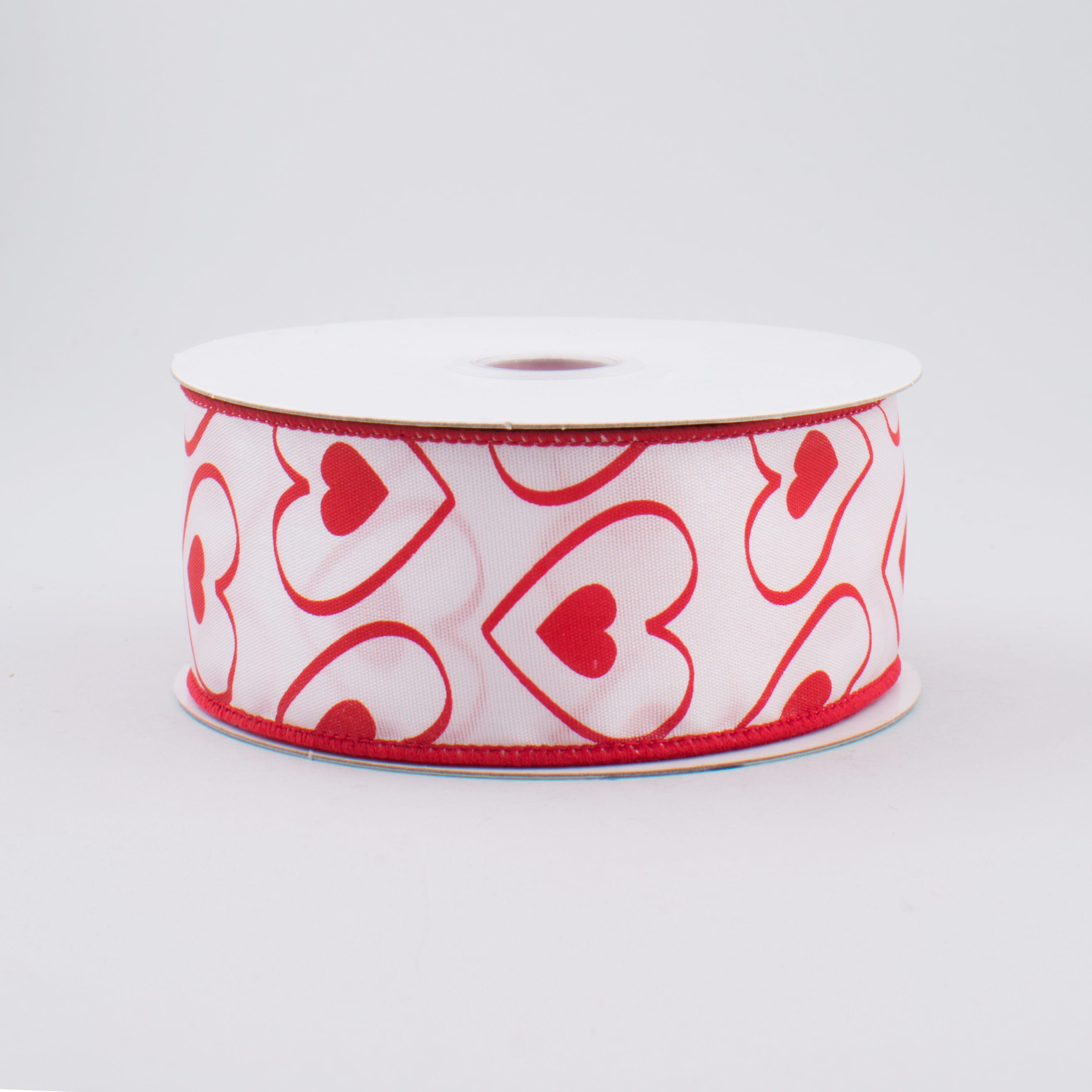 1.5" White Satin Red Heart Within Heart Ribbon (10 Yards)